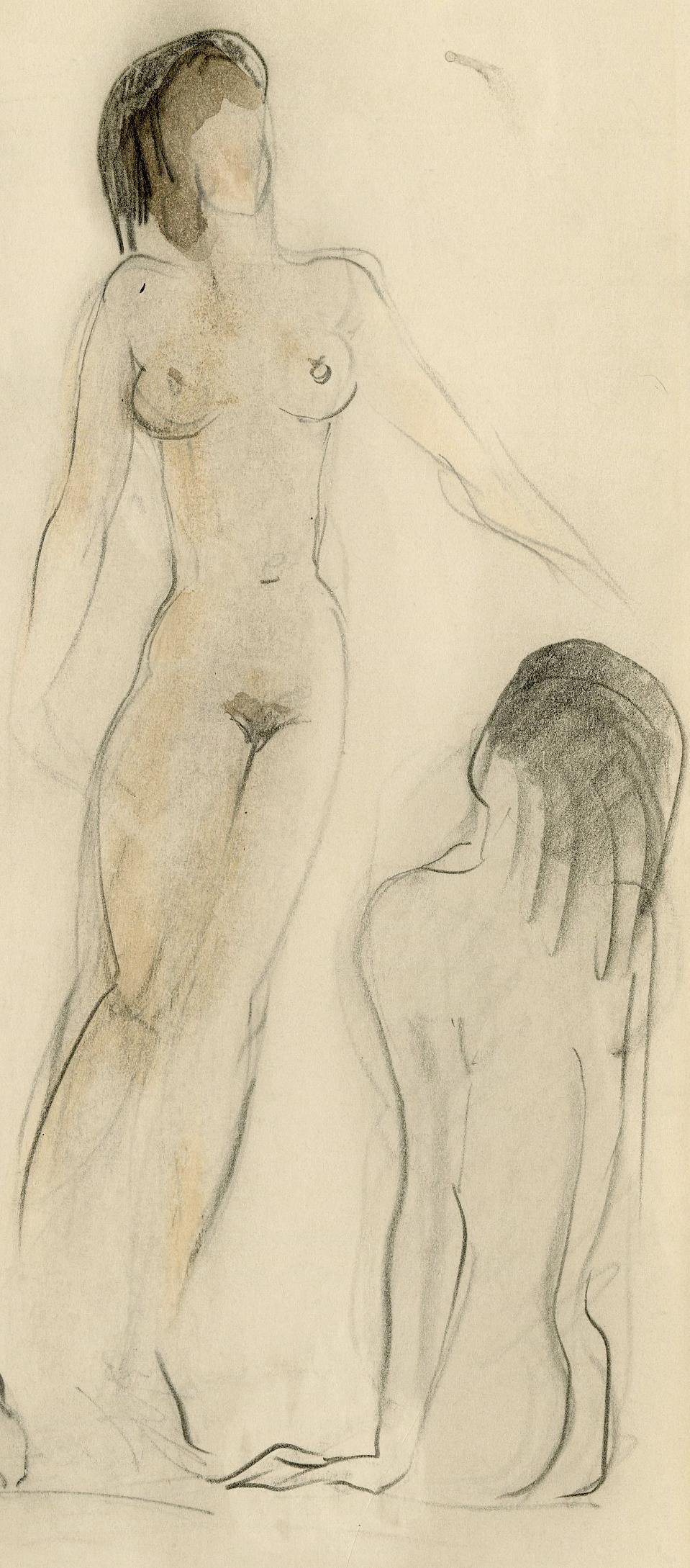 Untitled (Two Standing Nudes, one seated nude)
Graphite on wove paper, heightened with color, c. 1930
Unsigned
From a sketchbook created while the artist was working in Paris
Condition: Very good
Provenance: Estate of the Artist
                    