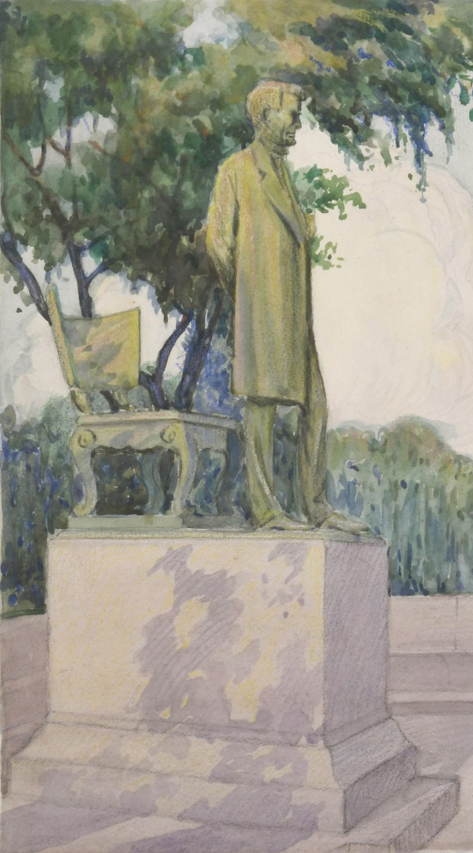 In piedi Lincoln: l'uomo, Lincoln Park, Illinois
Acquerello e grafite su carta , 1895 ca.
Firmato in caratteri cubitali in basso a destra (vedi foto).
La scena raffigura la scultura in bronzo di Augustus Saint-Gaudens situata a Lincoln Park,