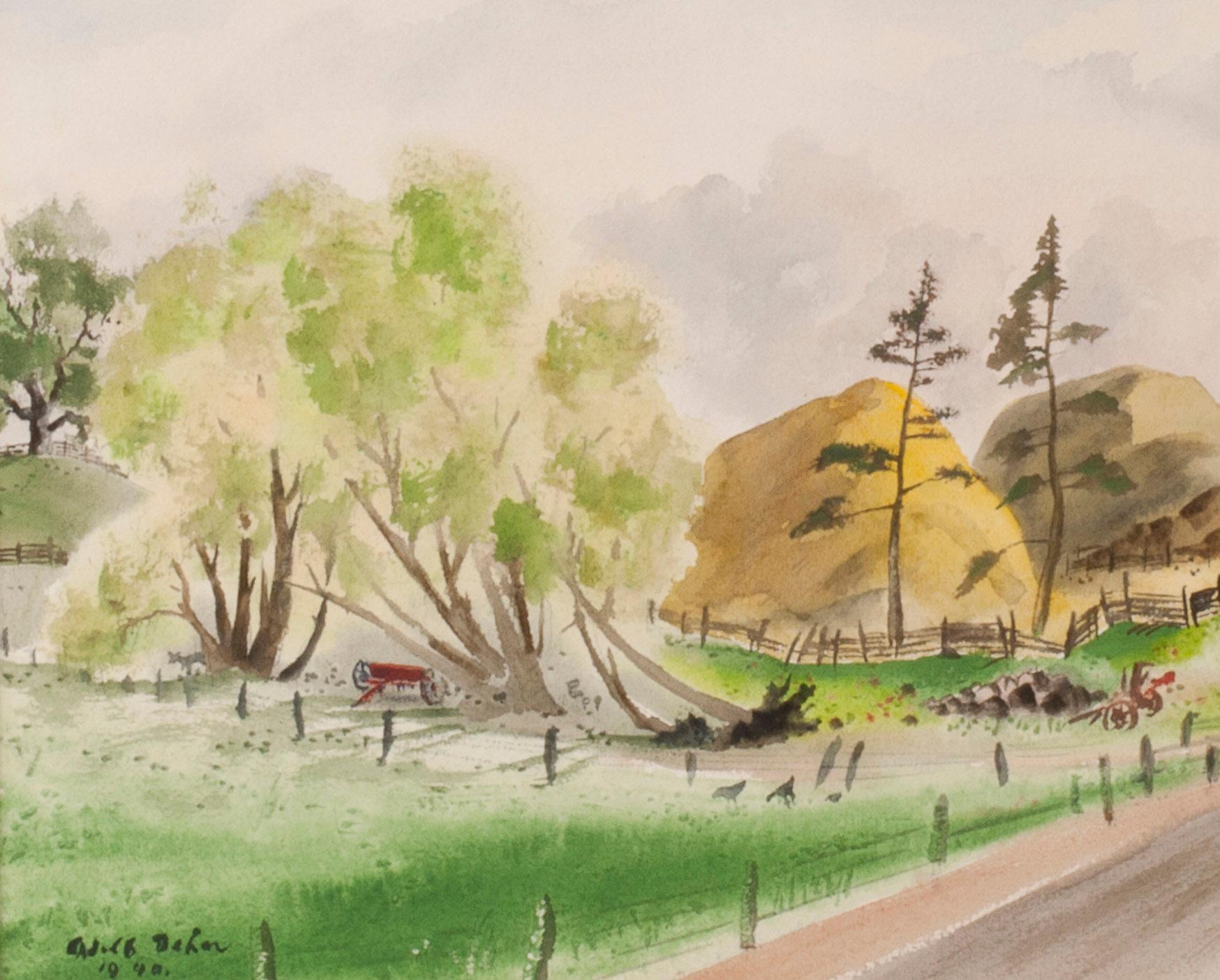 Horses Leaving the Barn - Beige Landscape Art by Adolf Dehn