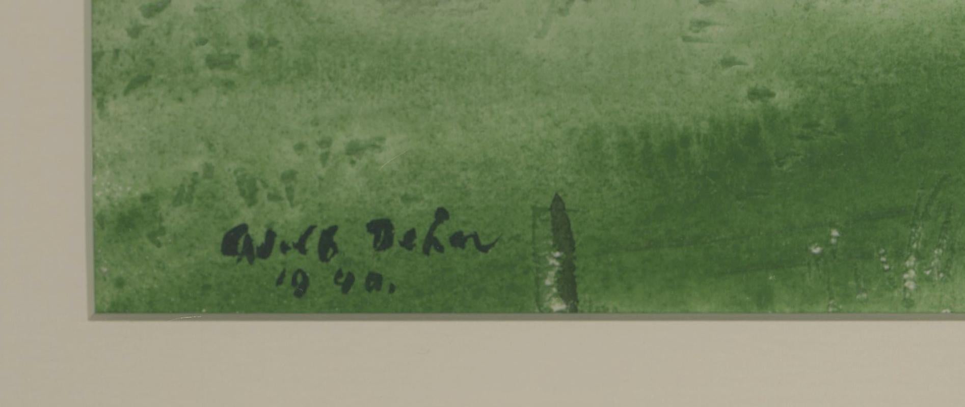 Horses Leaving the Barn
Watercolor on paper, 1940
Signed and dated lower left corner (see photo)
Condition: Excellent
Image: 14 1/2 x 21”
Frame: 25” x 31”

Provenance; Associated American Artists, New York (see photo of label)
                    