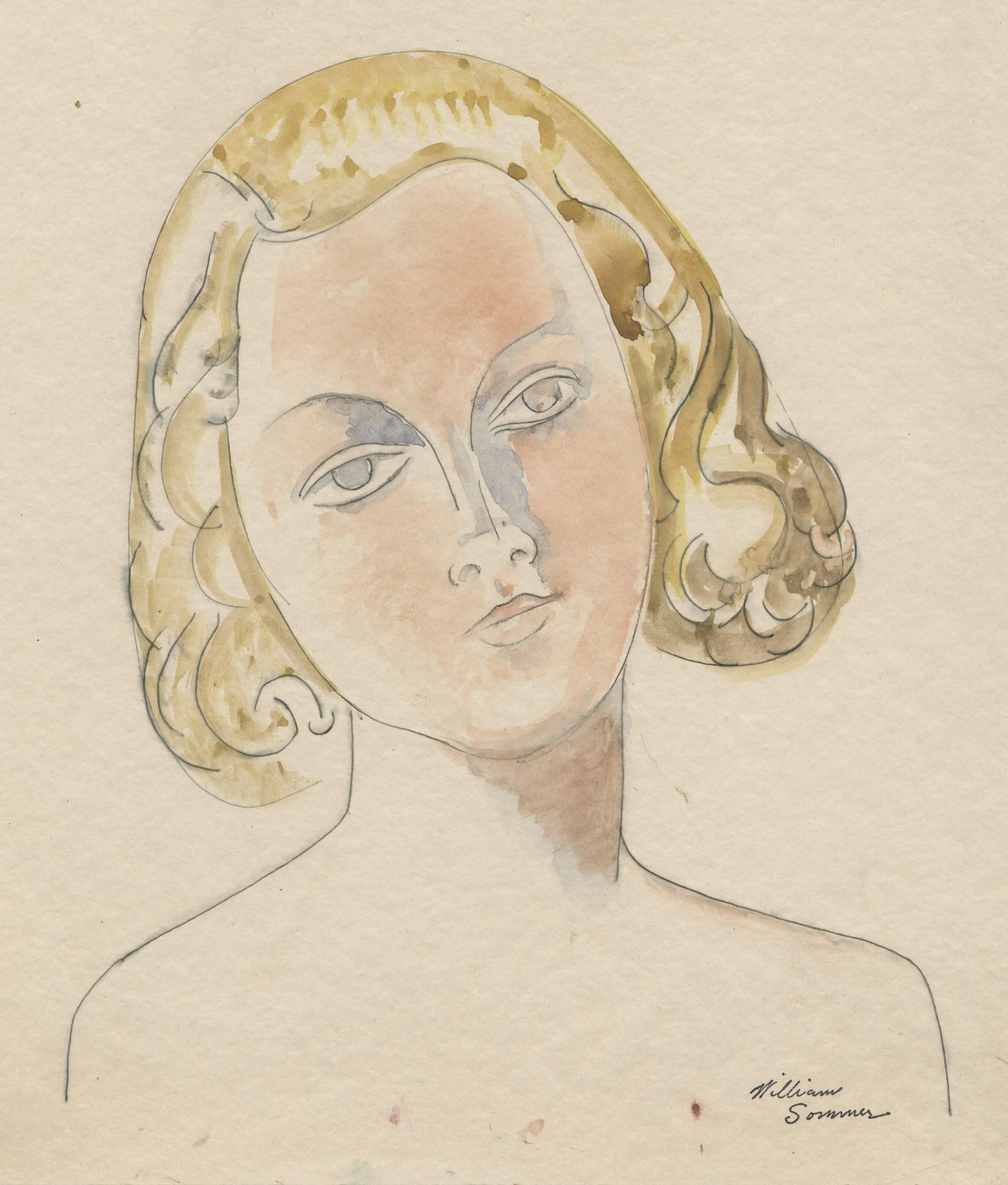 Kopf einer jungen Frau mit blondem Haar (Beige), Figurative Art, von William Sommer