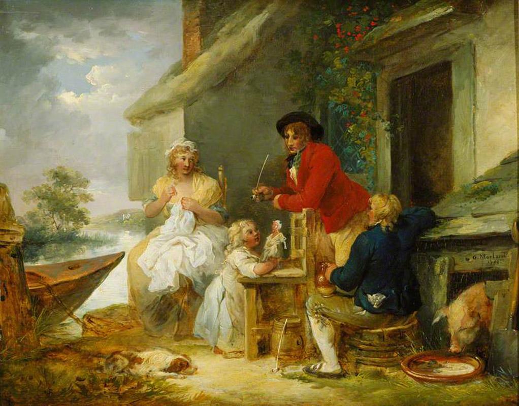 Grupo familiar
Dibujo en tinta china blanca, sepia y bistre, c. 1790
Firmado abajo a la izquierda: G. Morland  (ver foto)
La presente obra parece ser un estudio preliminar para dos cuadros de Morland en los que el artista utiliza partes de este