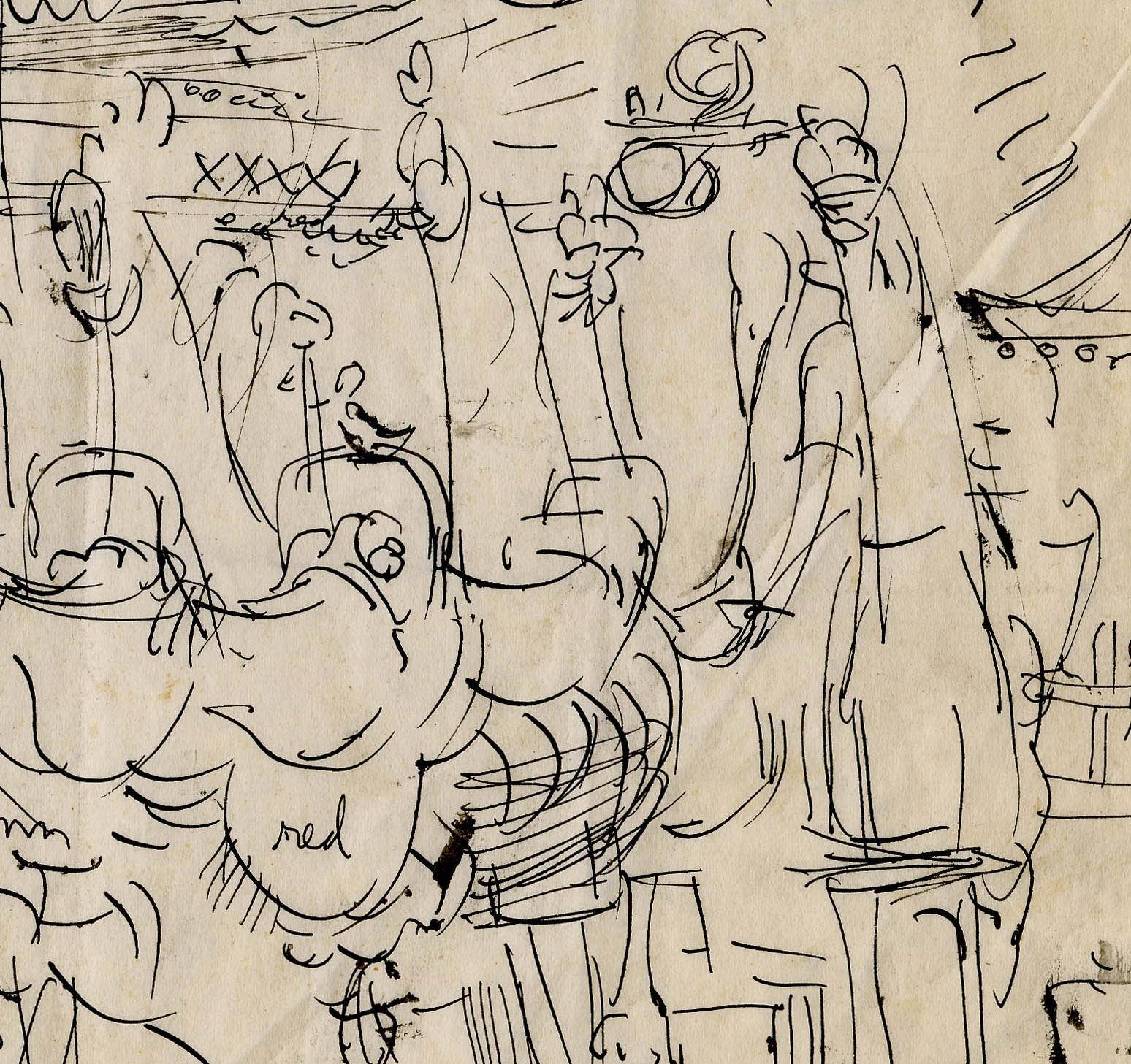 Le manège des poulets
Plume et encre sur papier, C.C. 1940
Non signé
Annoté par l'artiste avec ses intentions de couleurs. 
Étude préliminaire pour 
