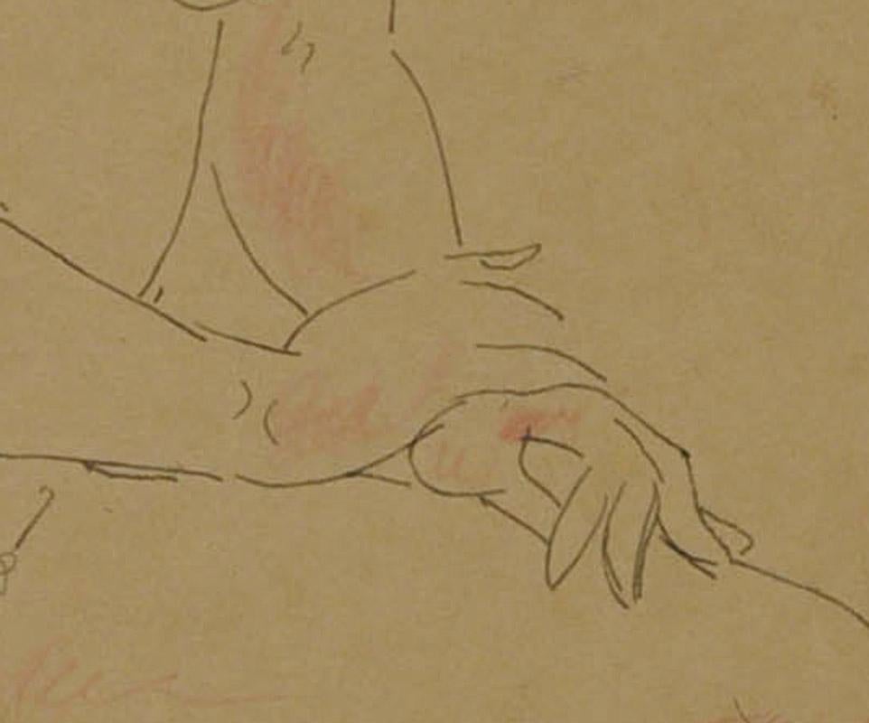 Desnudo femenino (Dibujo a doble cara)
Recto: Desnudo reclinado
Reverso: Desnudo sentado
Firmado a lápiz abajo a la derecha, recto (ver foto)
Pluma y tinta con tiza de color, c. 1925
Estado: Hueco reparado en la sábana (ver foto), esquina superior