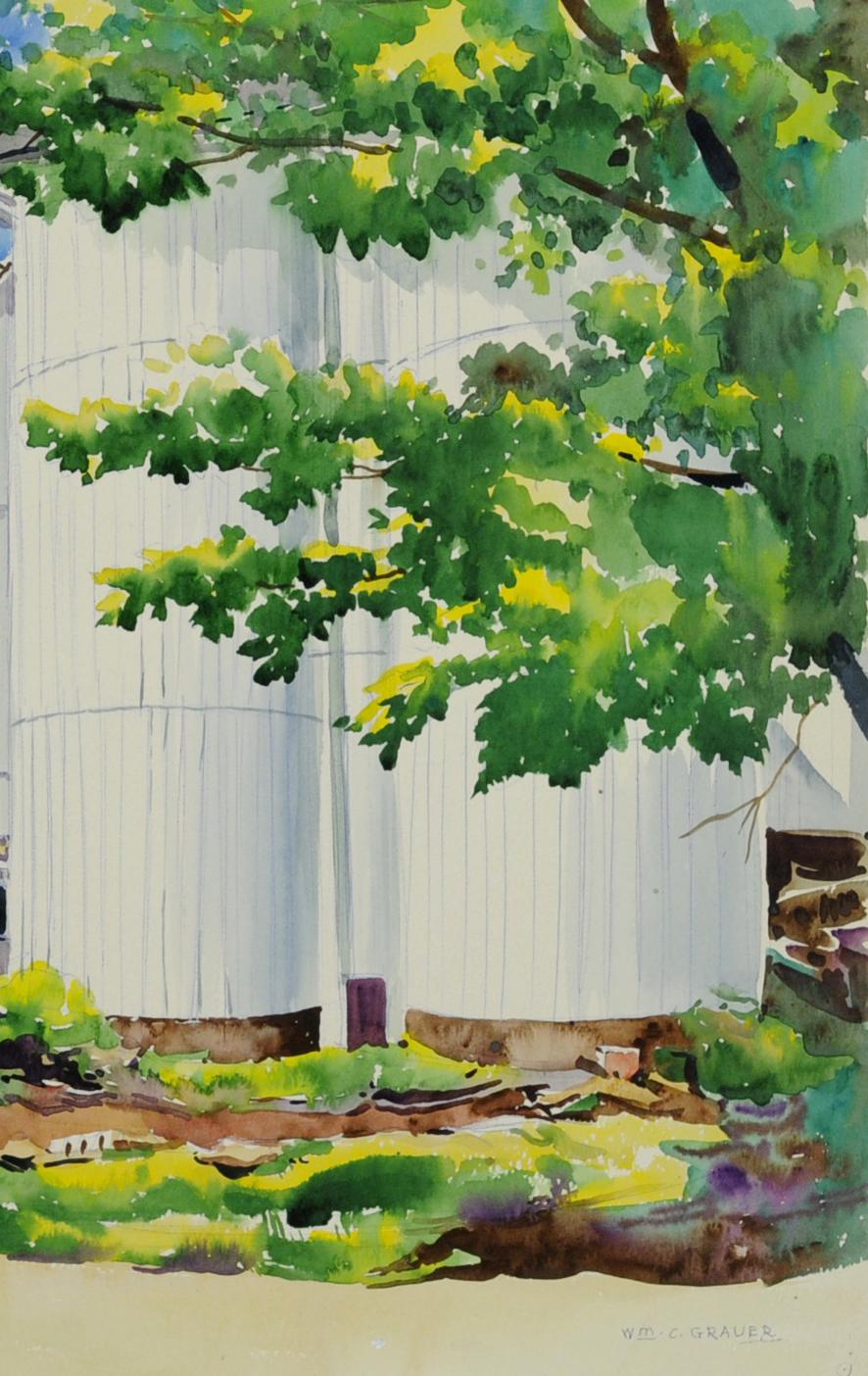 untitled (The White Barn with Farmers and Horse) - Gray Landscape Art by William Grauer