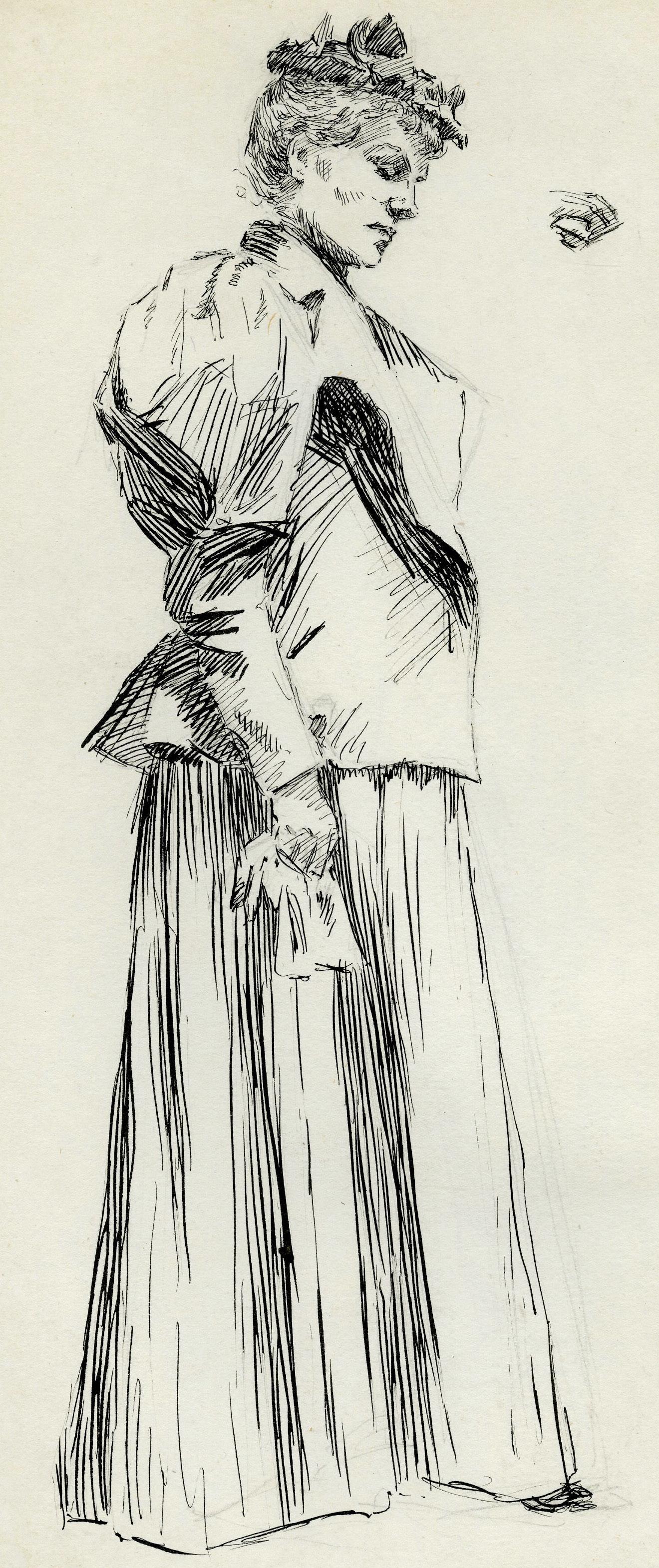 Femme debout de profil
Dessin à la plume et à l'encre, c.C. 1900
Non signé
Authentification de la succession au verso par Frances Frieseke Kilmer (Mme Kenton Kilmer, 1914-1998) (voir photo)
Condit : Excellent
                  Cadre d'angle fini