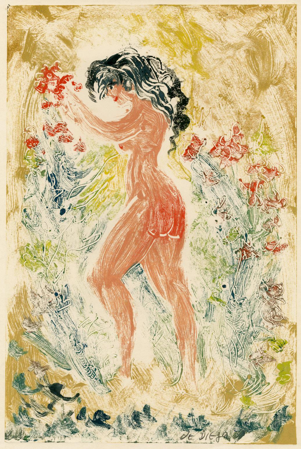 Julio de Diego Nude – Ohne Titel (Stehender weiblicher Akt im Profil in einem Garten)