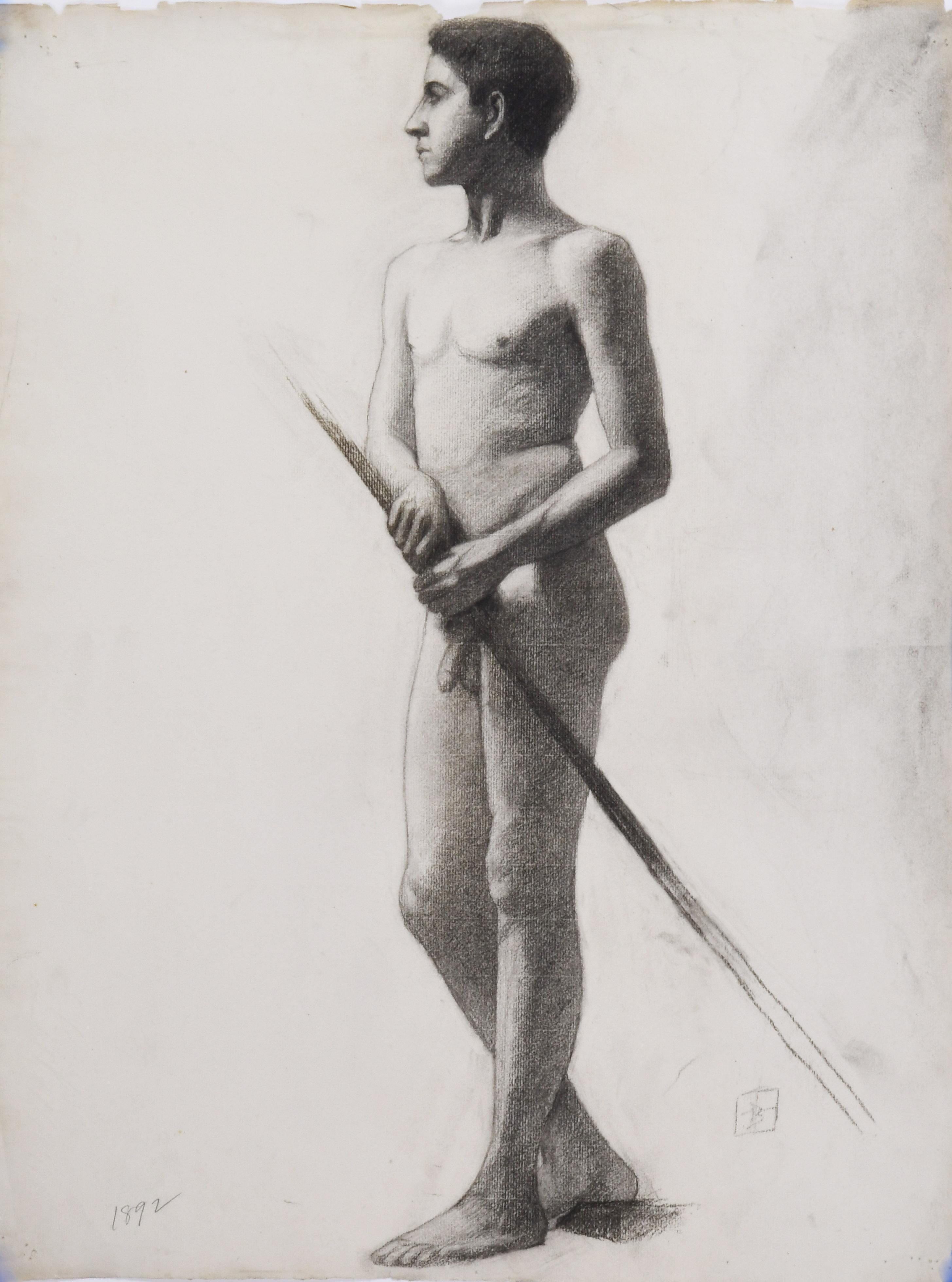 Academic Drawing of a Standing Male Nude with a Staff