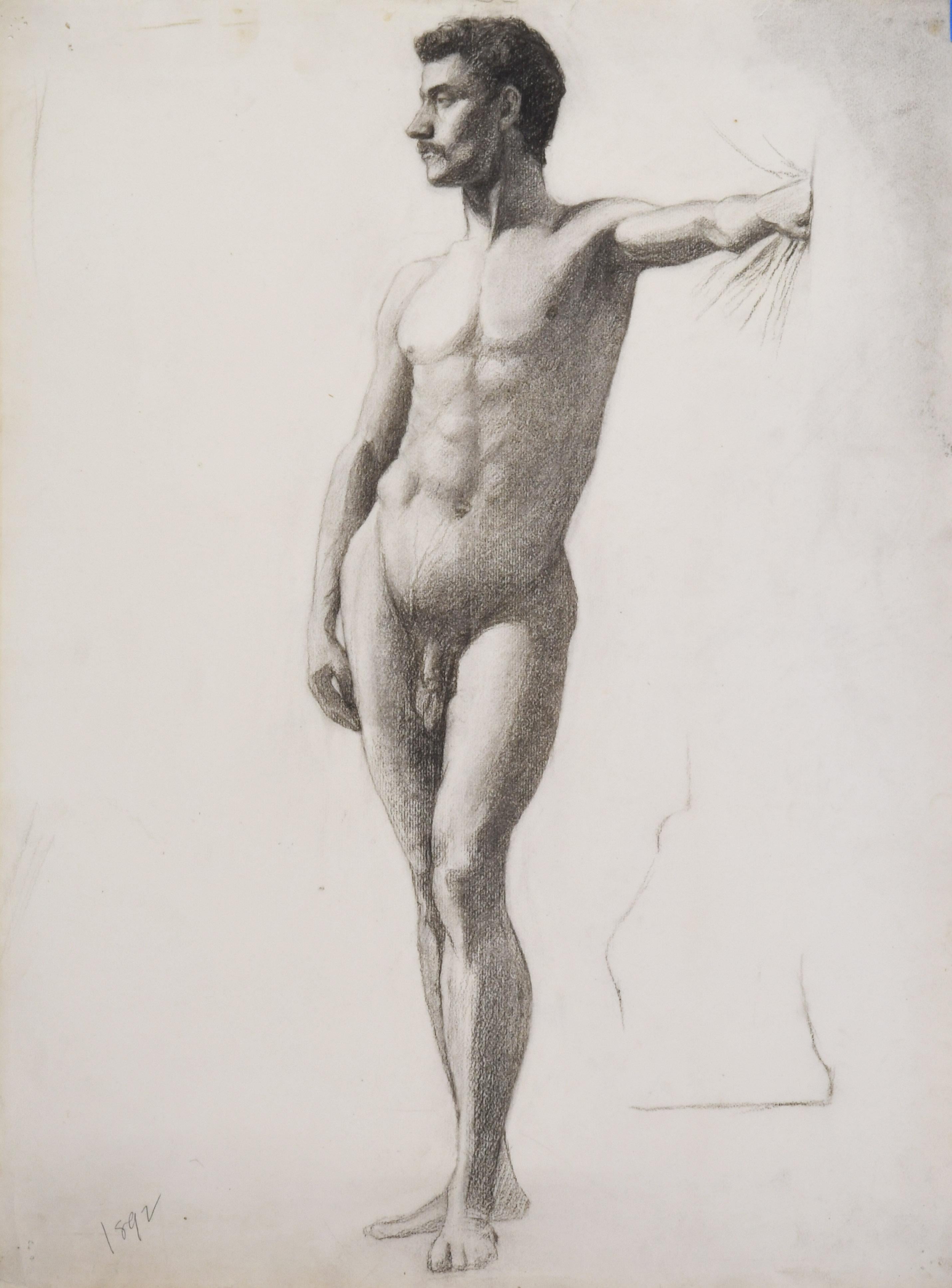 Male Nude Drawing in Charcoal, American Impressionist, 1892
