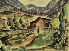 Sans titre (Ferme amish) Aquarelle, art moderne américain, CIRCA 1940, signée
