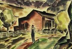 Sans titre (Ferme amish) Aquarelle, art moderne américain, CIRCA 1940, signée