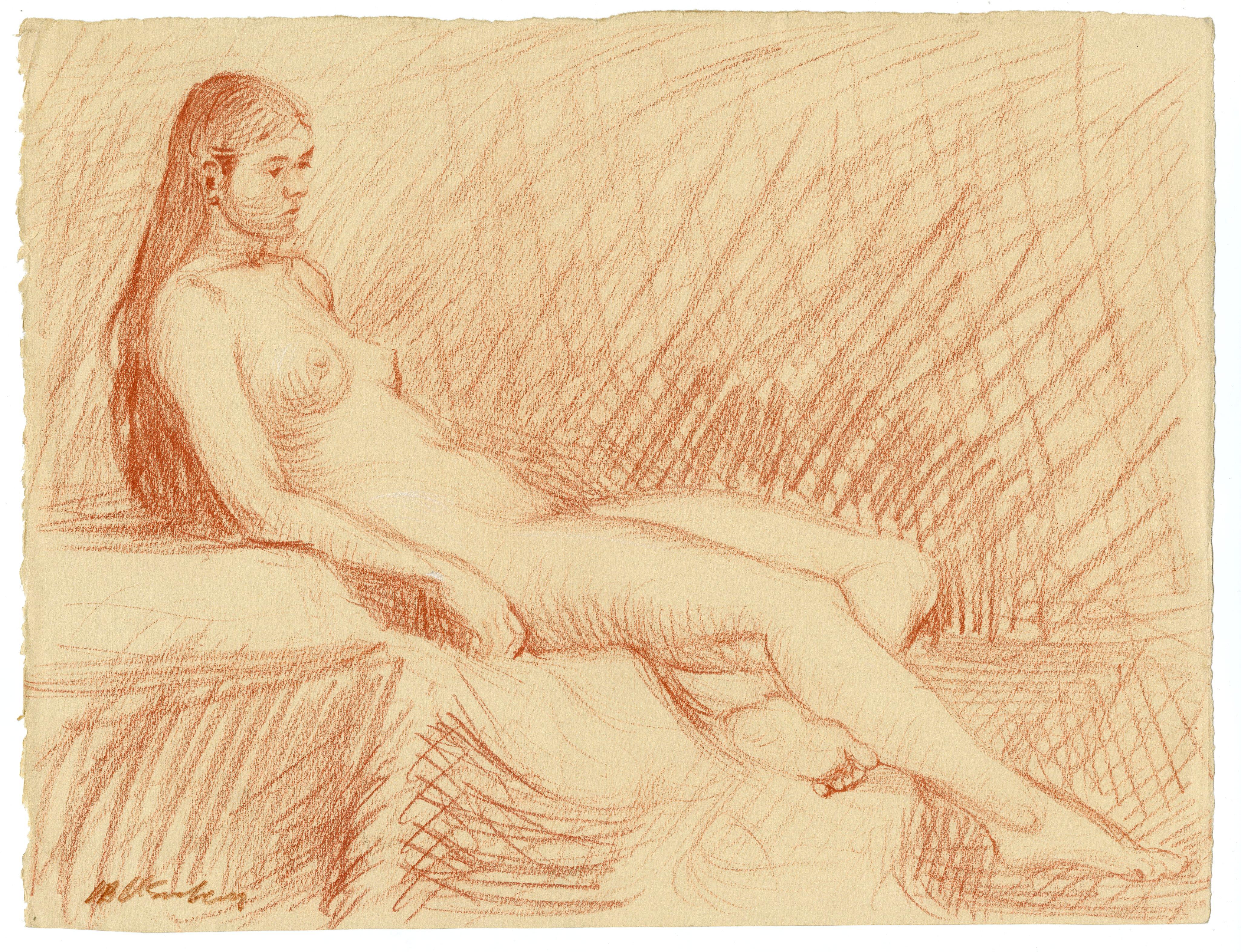 Nude Joseph O'Sickey - Nu féminin allongé, dessin au crayon de Conté, fin des années 1980