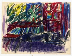 Disegno a pastello colorato in stile espressionista americano, “Nudo sdraiato”, firmato