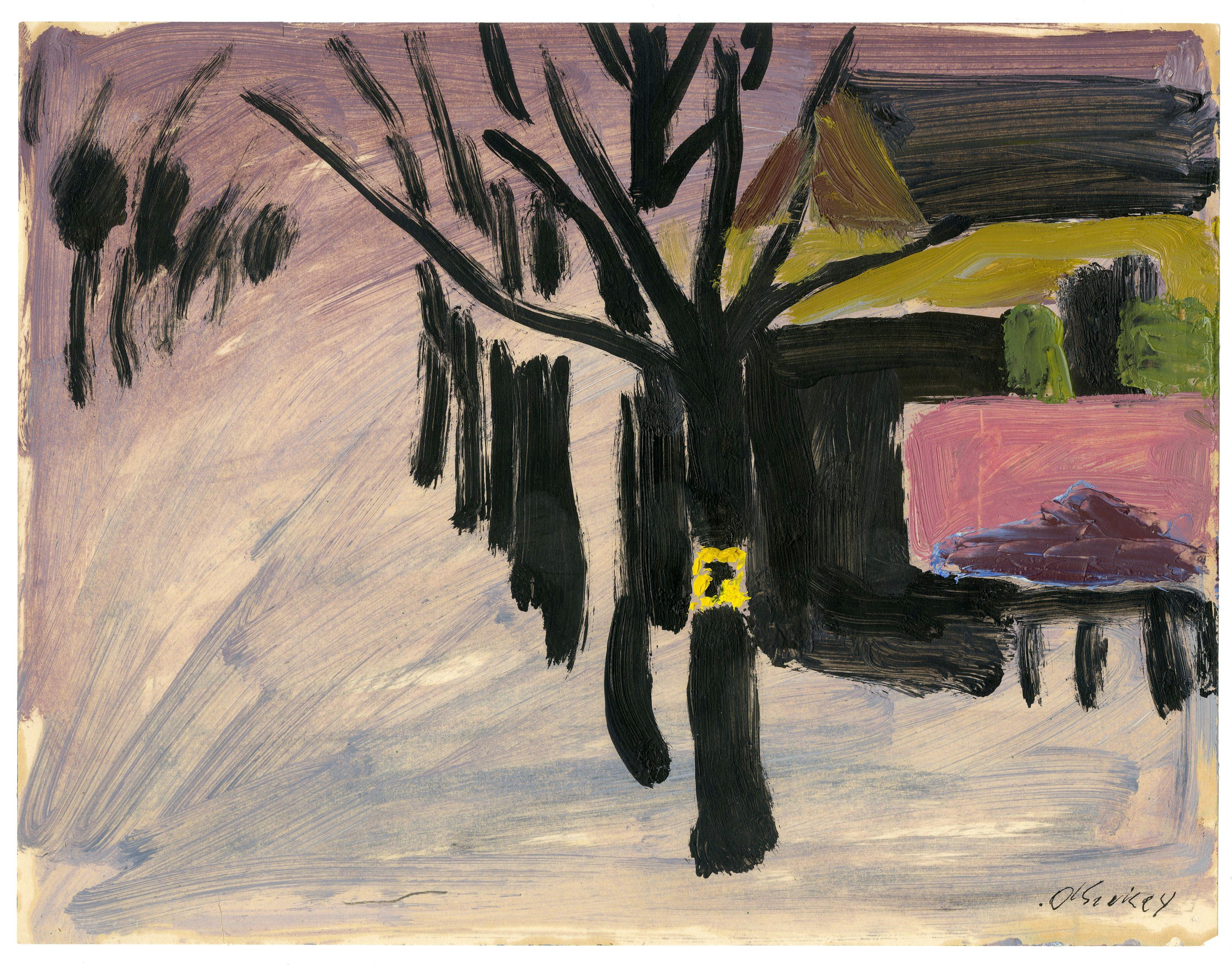 American Modern Winter Snow Scene, Cleveland, signed, 1940's
