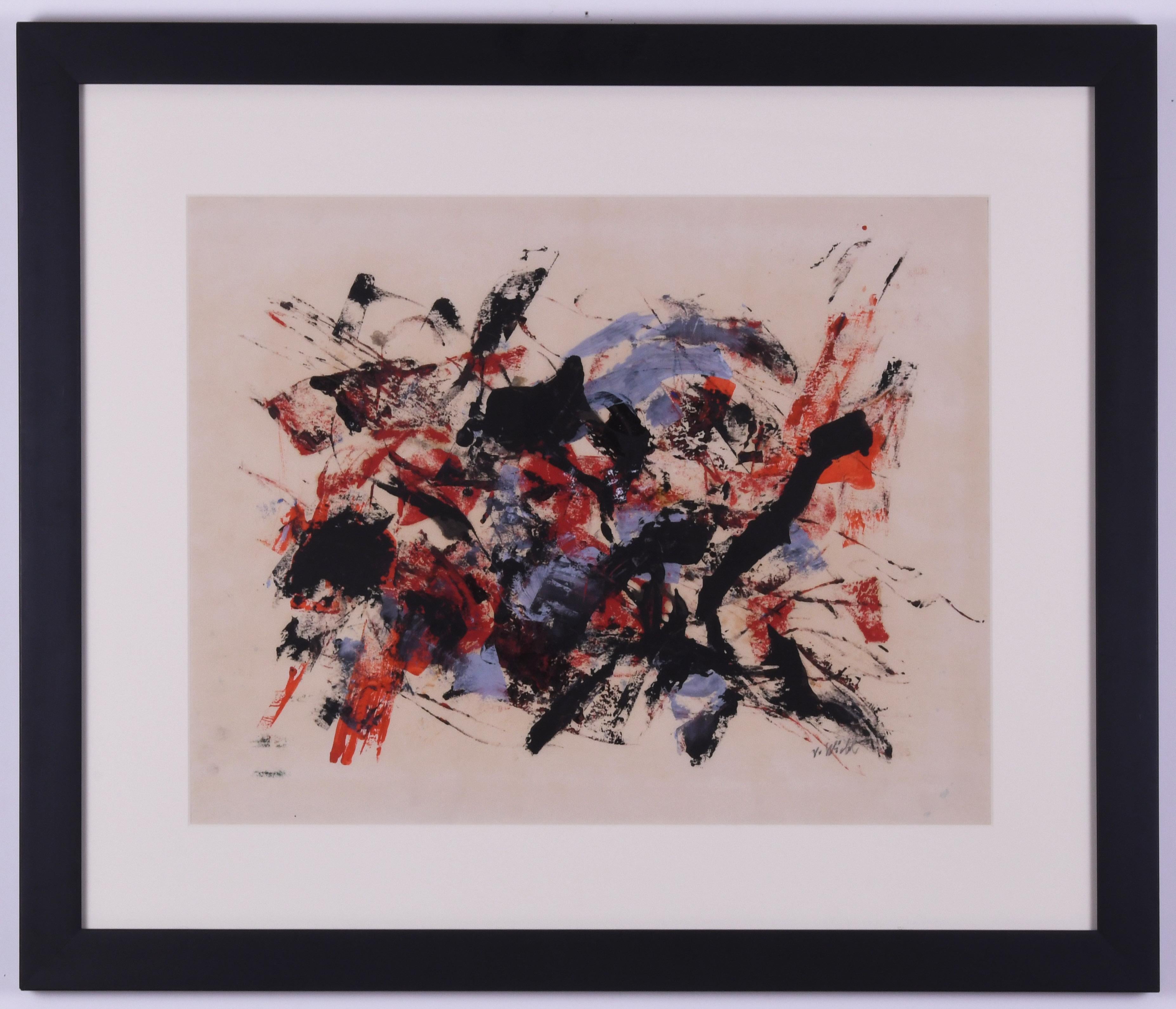 Untitled Abstrraction
Gouache, watercolor and pigments on paper, c. 1960
Signed lower right in pencil (see photo)
Image: 17 x 22 inches
Sheet: 25 1/4 x 29 3/4 inches
Frame: 25 1/4 x 29 3/4 inches
Archival framing with OP3 Acrylic

