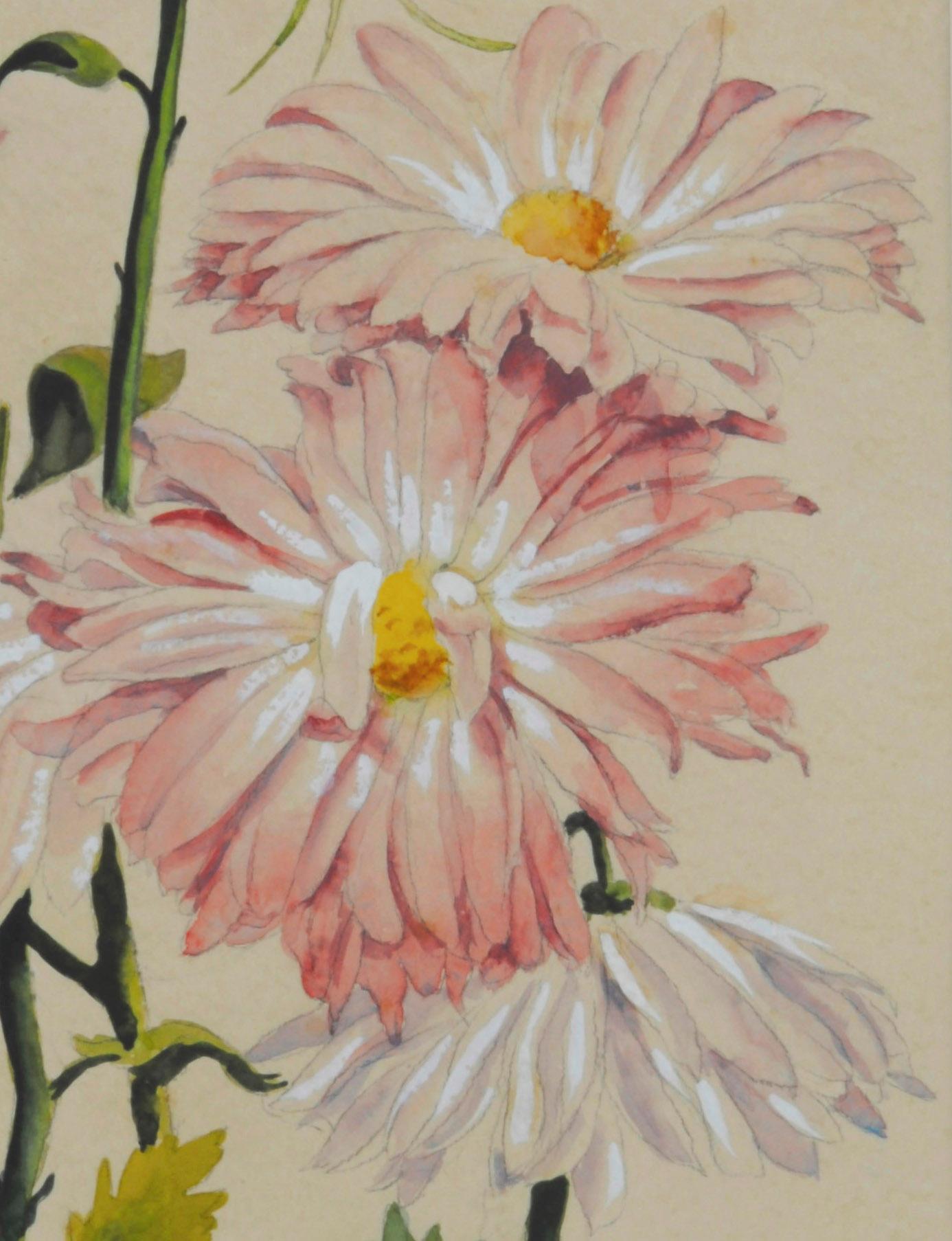 Chrysanthemums and Tiger Lilies
Signed and dated lower left (twice), see photo
Watercolor on paper, 1935
A symbol of the sun, the Japanese consider the orderly unfolding of the chrysanthemum's petals to represent perfection. Confucius once suggested