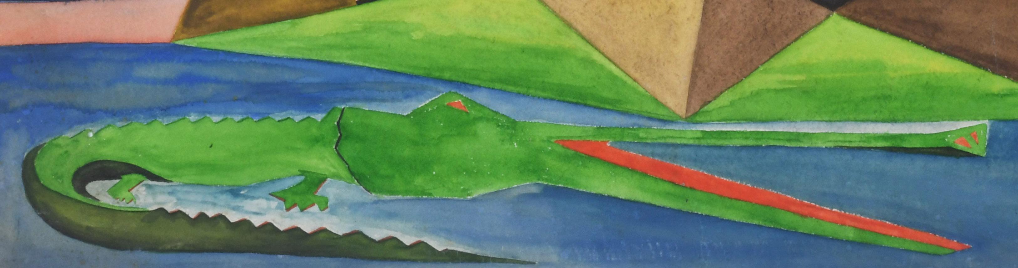 Untitled (Surrealistische Darstellung von Pyramiden in Giza mit Alligator)
Aquarellfarbe und Gouache auf Papier, 1960
Vorzeichenlos
Beni Kosch Nachlassstempel Nr. 717 verso, unsigniert. 
      (siehe Foto)
Zustand: Geringfügige