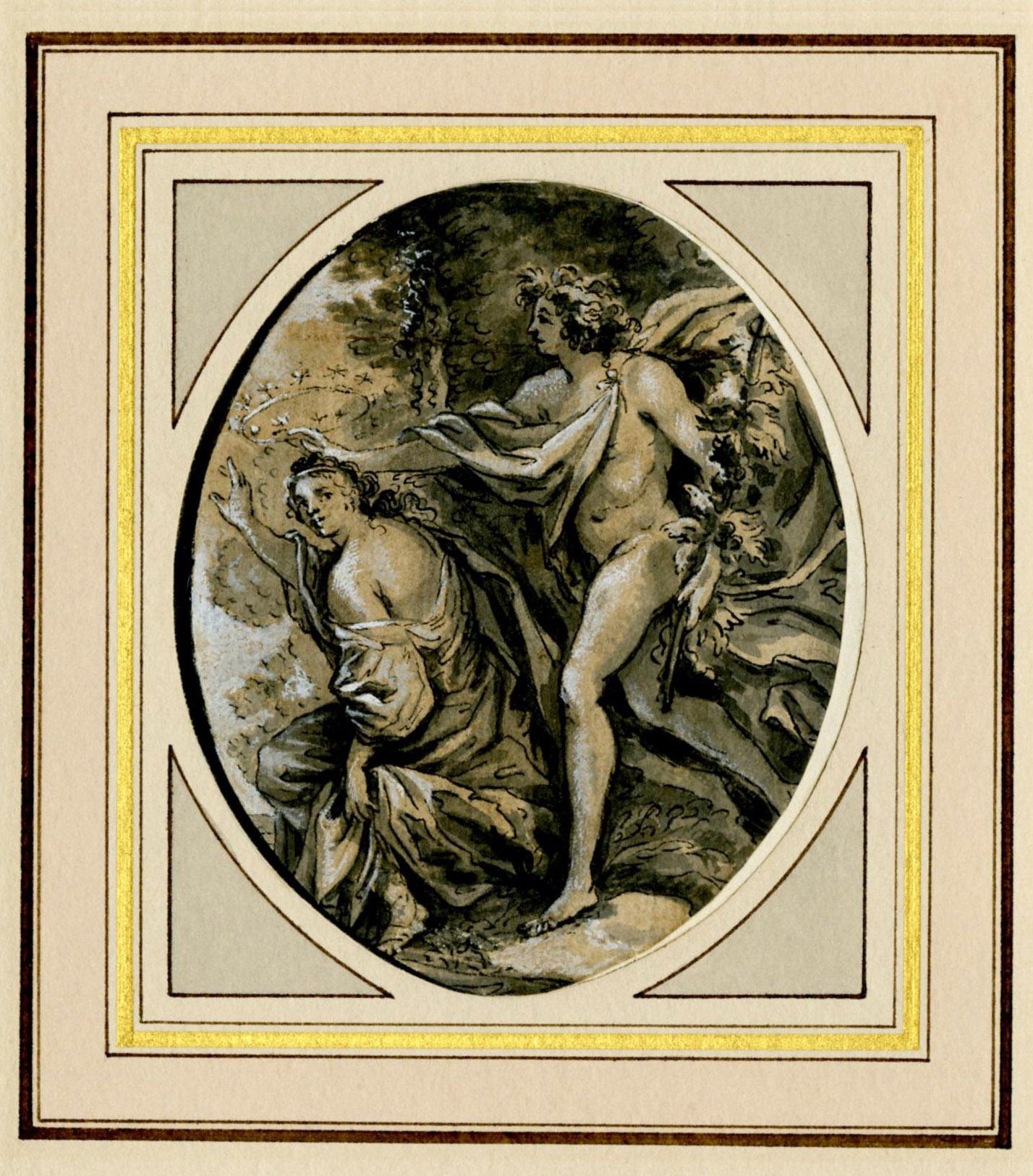A pair of oval drawings for Ovid, Metamophoses
Left: The Triumph of Amphitrite (Book  I)
Right: Diana and Actaeon (Book III)
From: Ovid, Metamophoses
These mythological studies are after paintings by Simon Vouet (1590-1649) that decorated the