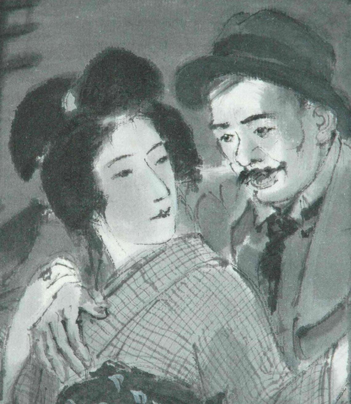 Paare sich in der Straße bei Nacht umarmen – Art von Ito Shinsui