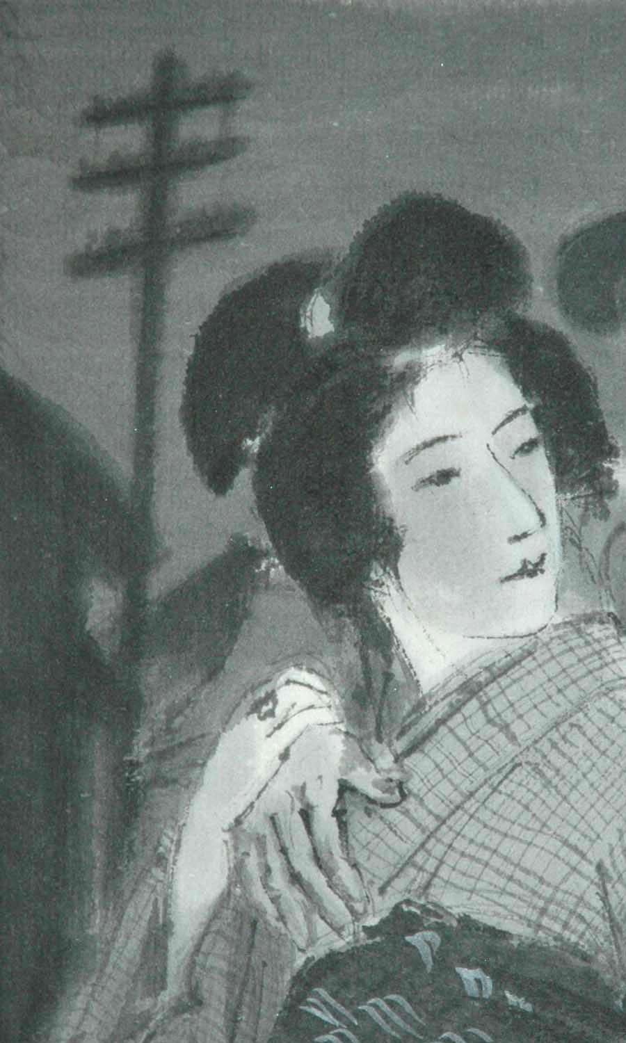 Paare sich in der Straße bei Nacht umarmen (Grau), Figurative Art, von Ito Shinsui