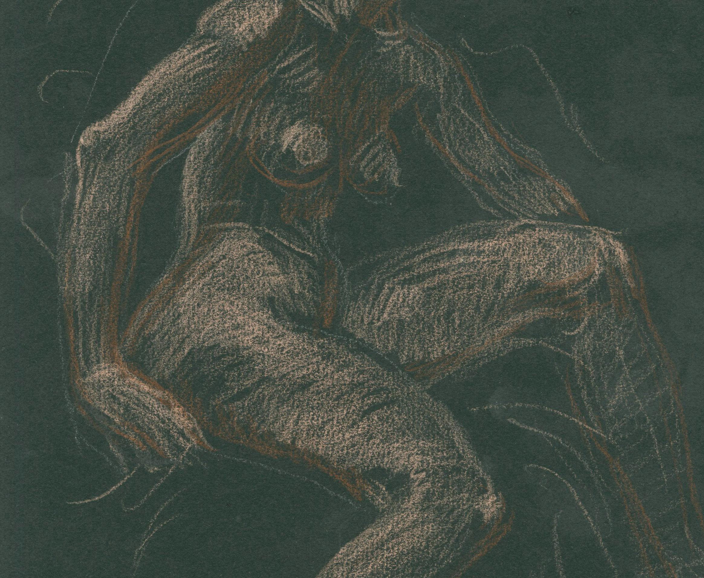 Seated Female Nude
Colored chalks on Black Strathmore paper
c. 1969-1970
Signed upper right corner: Cadmus (see photo)
In 1941, Fidelma Cadmus (Paul’s sister) married Lincoln Kirstein, the co-founder of the New York City Ballet. Lincoln was general