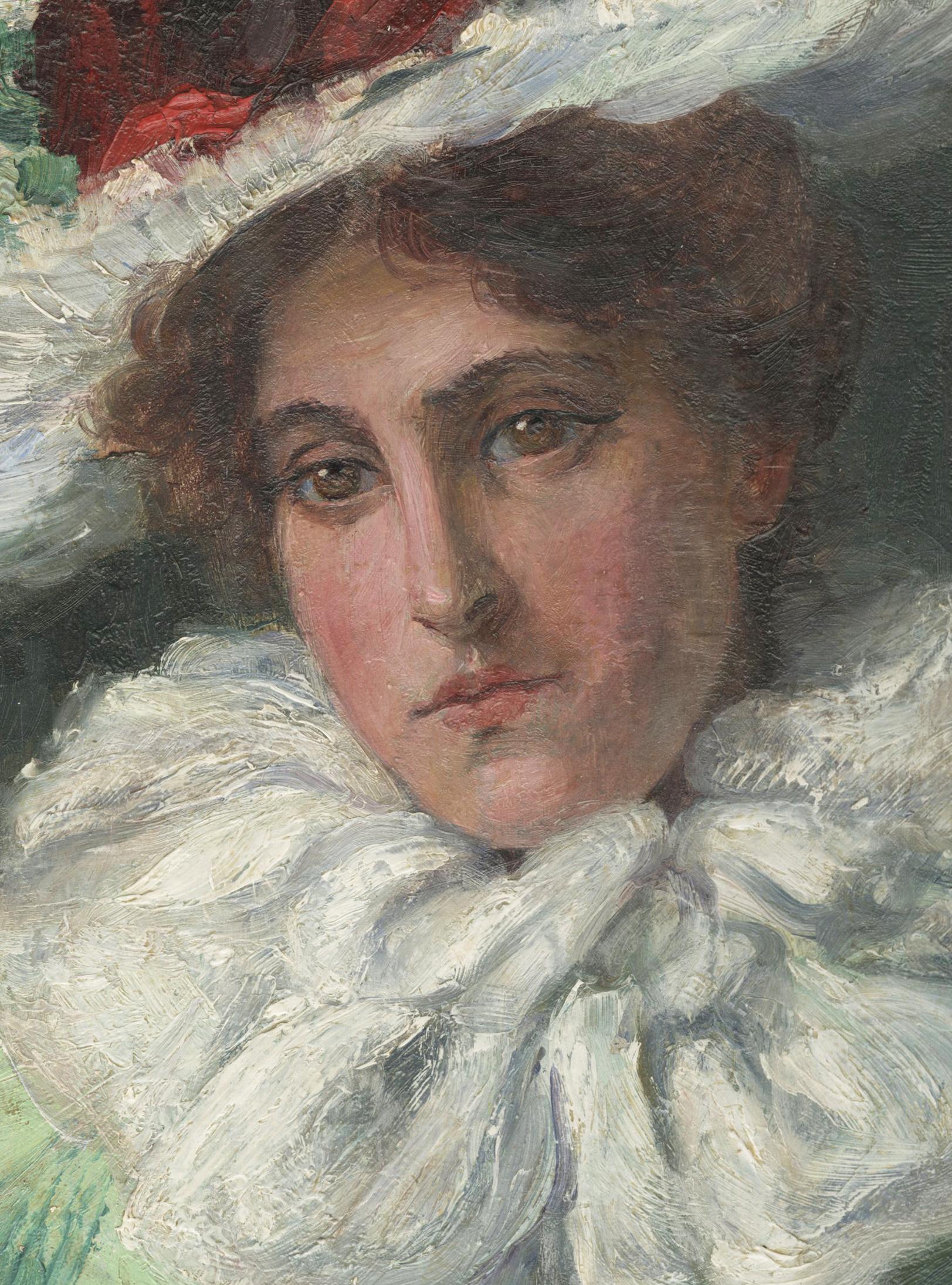 Le foulard blanc (autoportrait de l'artiste) - Painting de Eugenie M. Heller