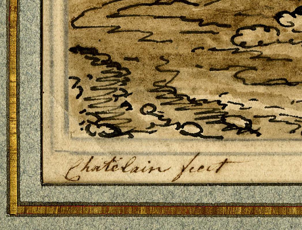Landschaft mit Figuren auf dem Lande in England
Feder, Tinte und Graphit mit grauer und brauner Lavierung auf Bütten mit Wasserzeichen, um 1740
Signiert vom Künstler unten links im Bild: 