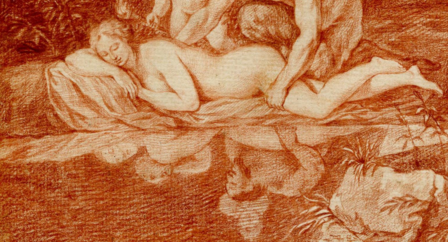 Bernard Picart (1673-1733)
Jupiter and Antiope
Red chalk drawing, surrounded by ruled album mount
Image: 8 3/4 x 6 7/8
