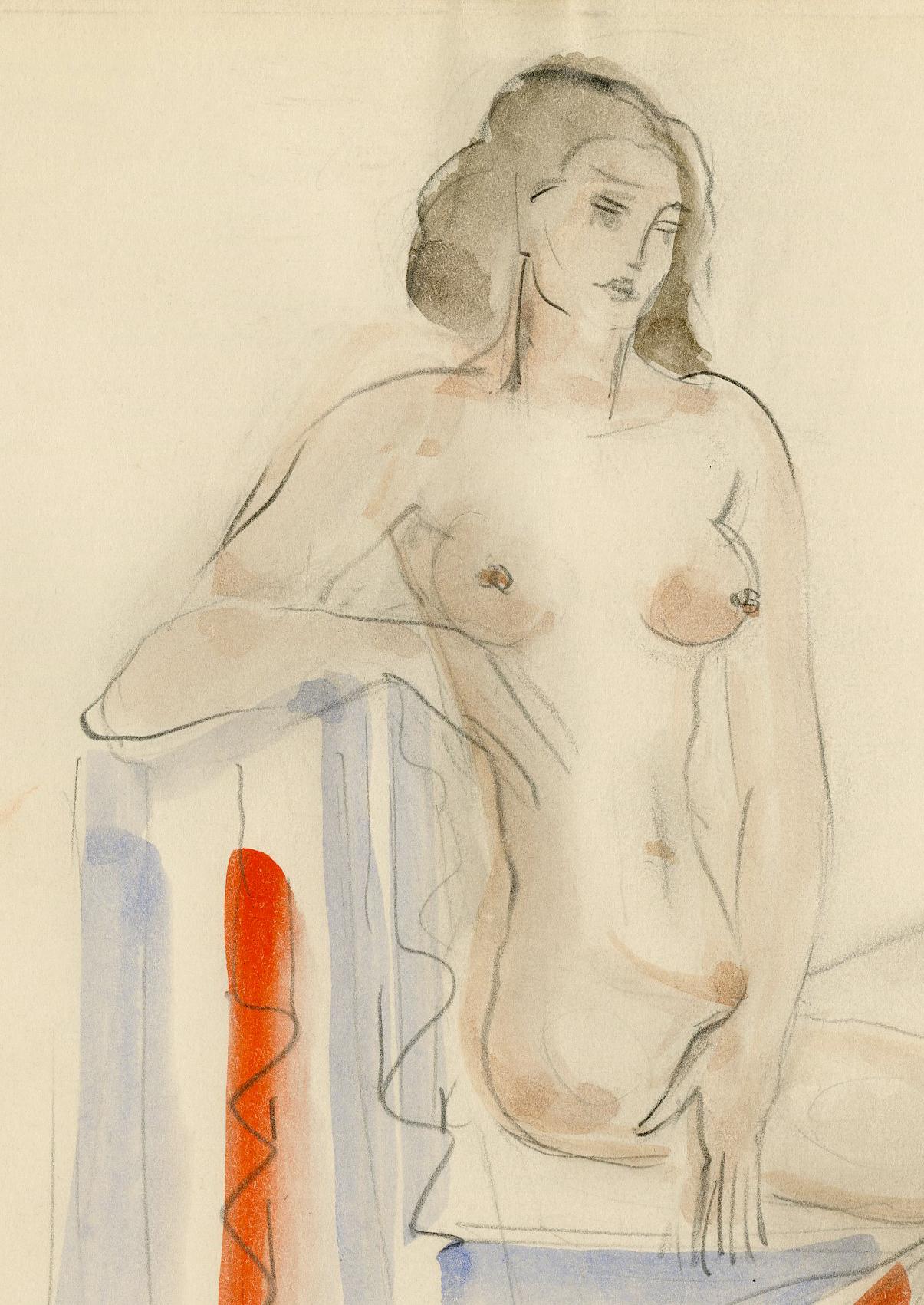 Untitled (Seated Female Nude facing right)
Graphite on wove paper, with watercolors
Signed with the artist's initials BLL lower right (see photo)
Sheet size: 9 1/4 x 6 inches
From a sketchbook created while the artist was working in Paris, c.