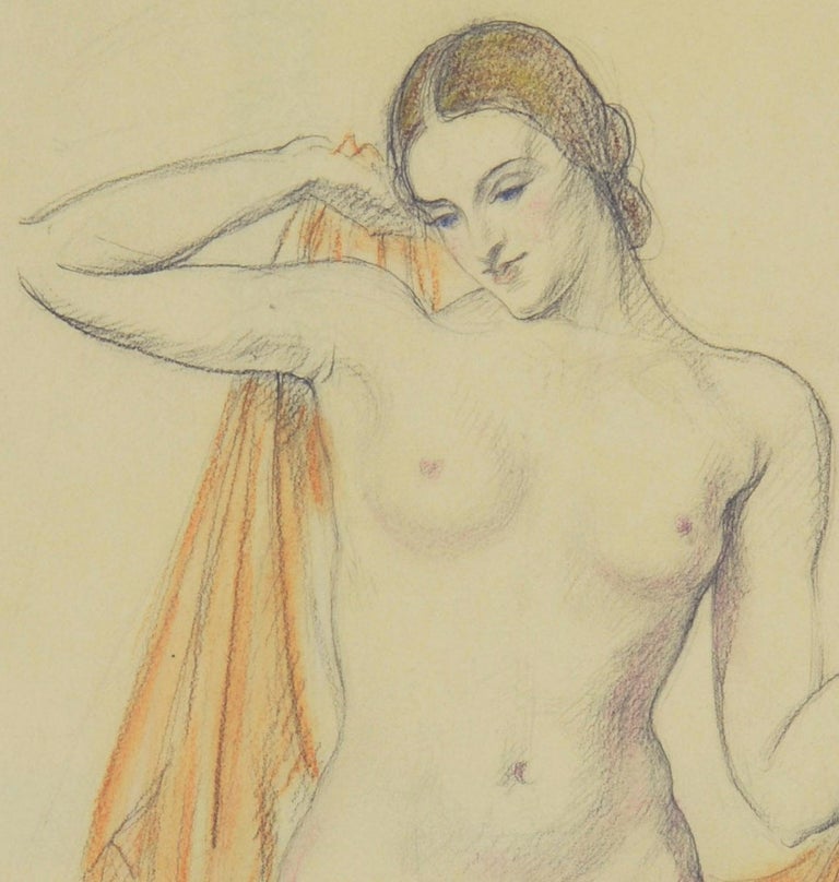 Nude with Veil
Charcoal, colored chalk, and pastel on paper, 1932
Signed and dated in pencil lower left (see photo)
Titled in pencil lower left
Annotated in pencil lower center: 