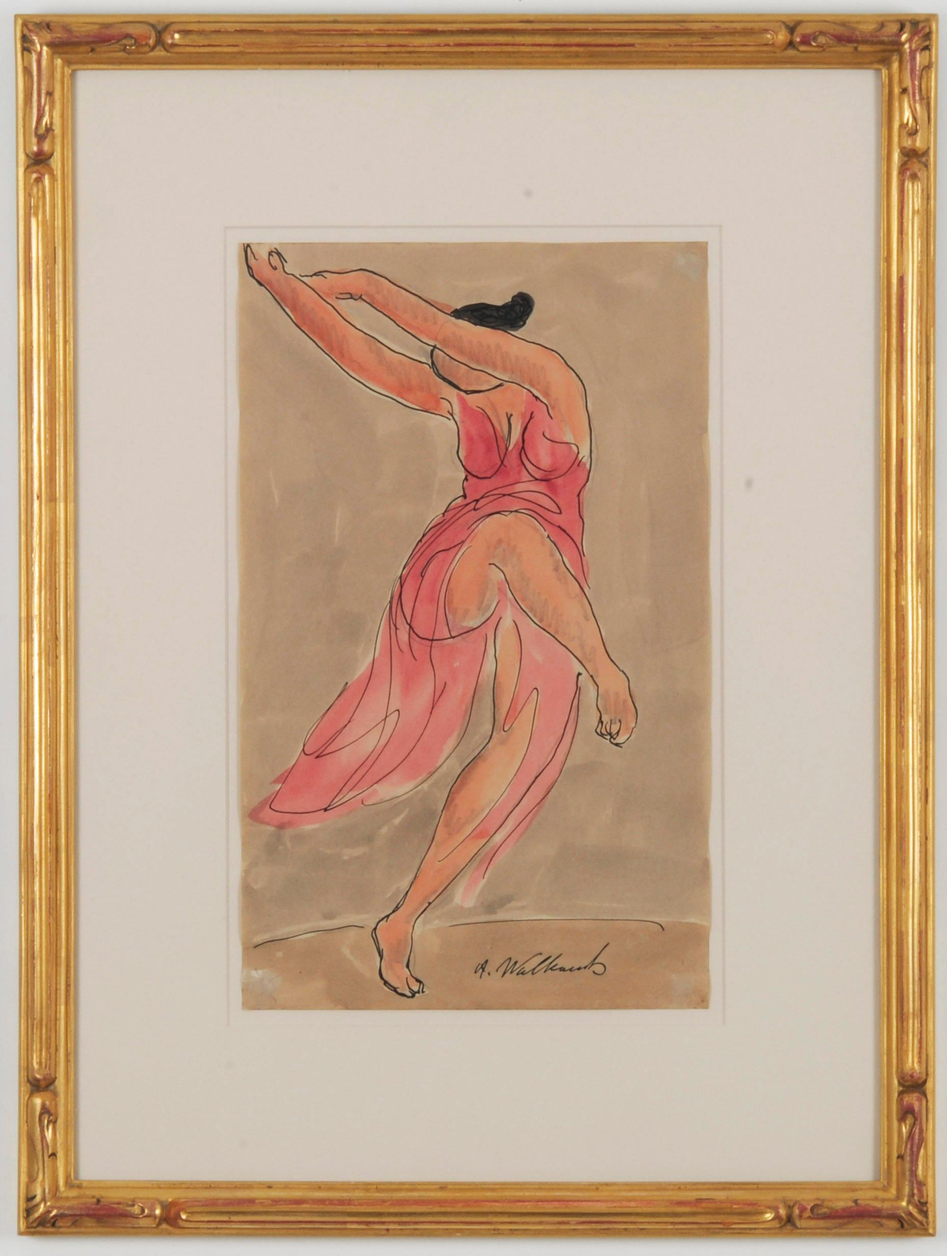 Isadora Duncan dancing in a red dress - Art by Abraham Walkowitz