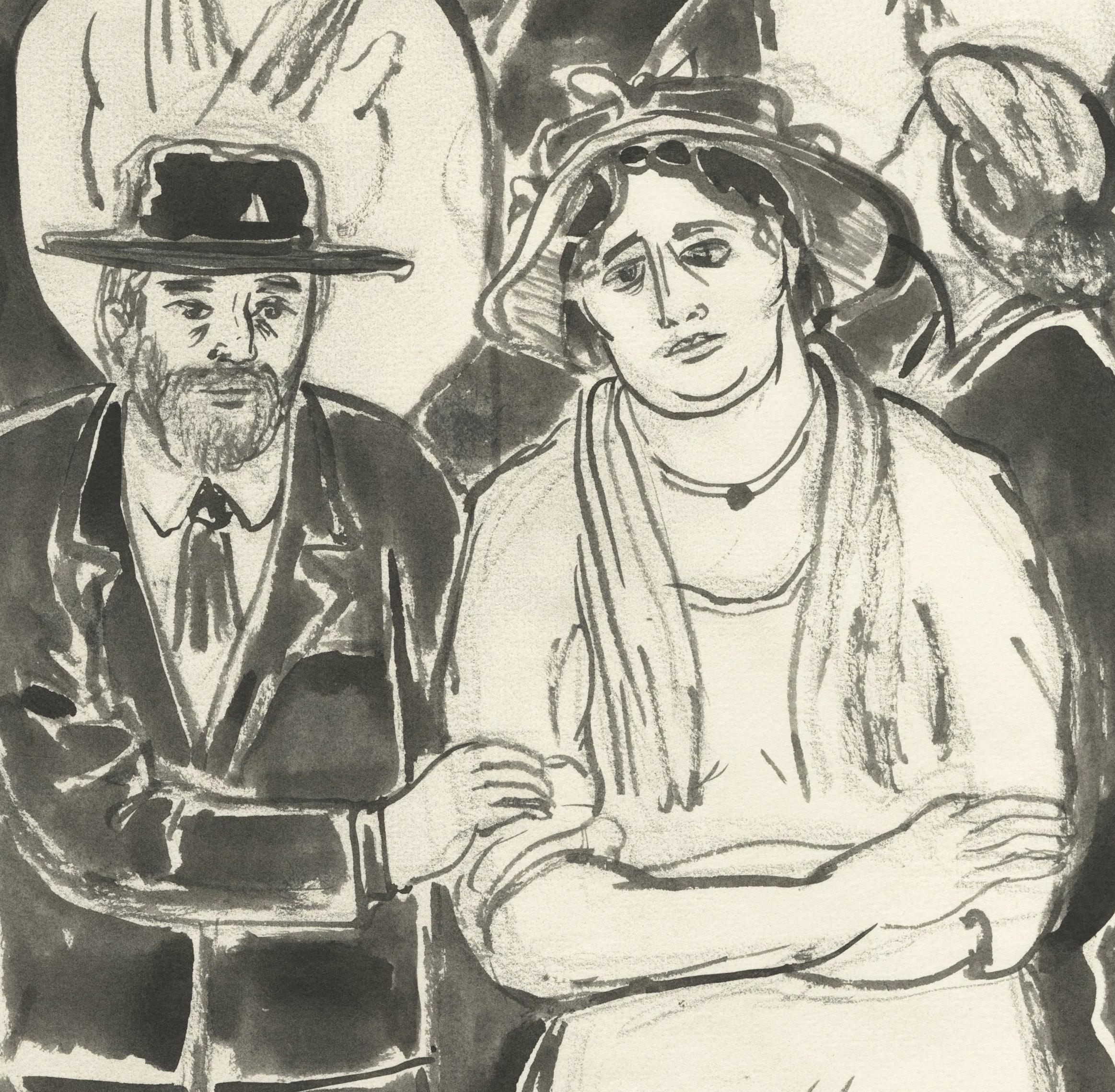 Lower East Side Crowd
Ink and ink wash on paper, c. 1910
Signed in ink lower center edge (see photo)
Signed with the initials lower right corner (see photo)
Probably depicts Jewish immigrants in the East Village of Manhattan.
Condition: Very