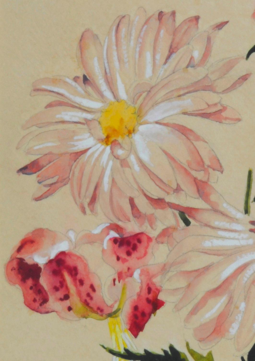 Chrysanthemums and Tiger Lilies
Signed and dated lower left (twice), see photo
Watercolor on paper, 1935
A symbol of the sun, the Japanese consider the orderly unfolding of the chrysanthemum's petals to represent perfection. Confucius a un jour