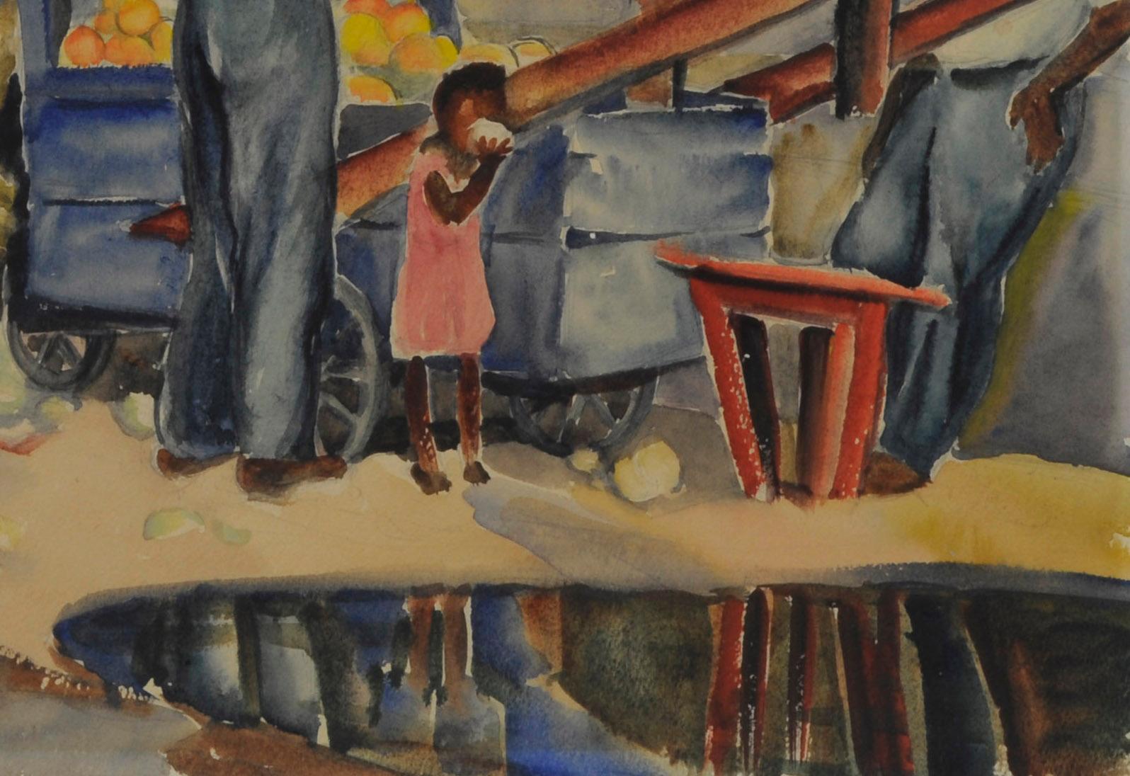 Il vecchio e il nuovo, ______, Repubblica Dominicana
Acquerello, 1948
Firmato in basso a sinistra: Carolyn Bradley
Titolato e datato a matita sul retro
Condizioni: Colori freschi.  Tonalità sul verso.  Leggera macchia sul tappetino
Dimensioni