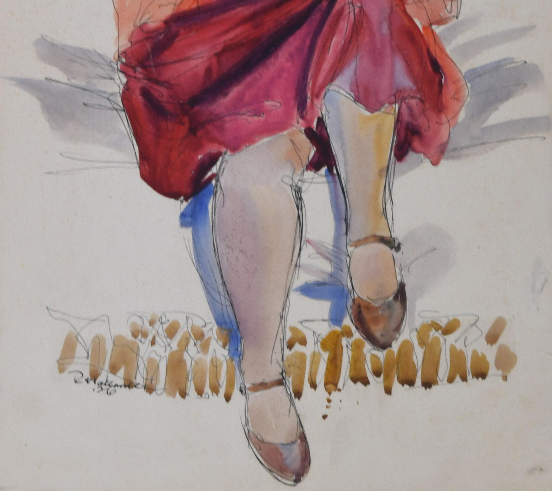 The Red Dress
Watercolor on paper, mounted on board by the artist, 1926
Signed and dated, 1926 lower left (see photo)
Condition:  Mounted on support board by the artist
                   Very slight discoloration/spotting in the image.
Image size: