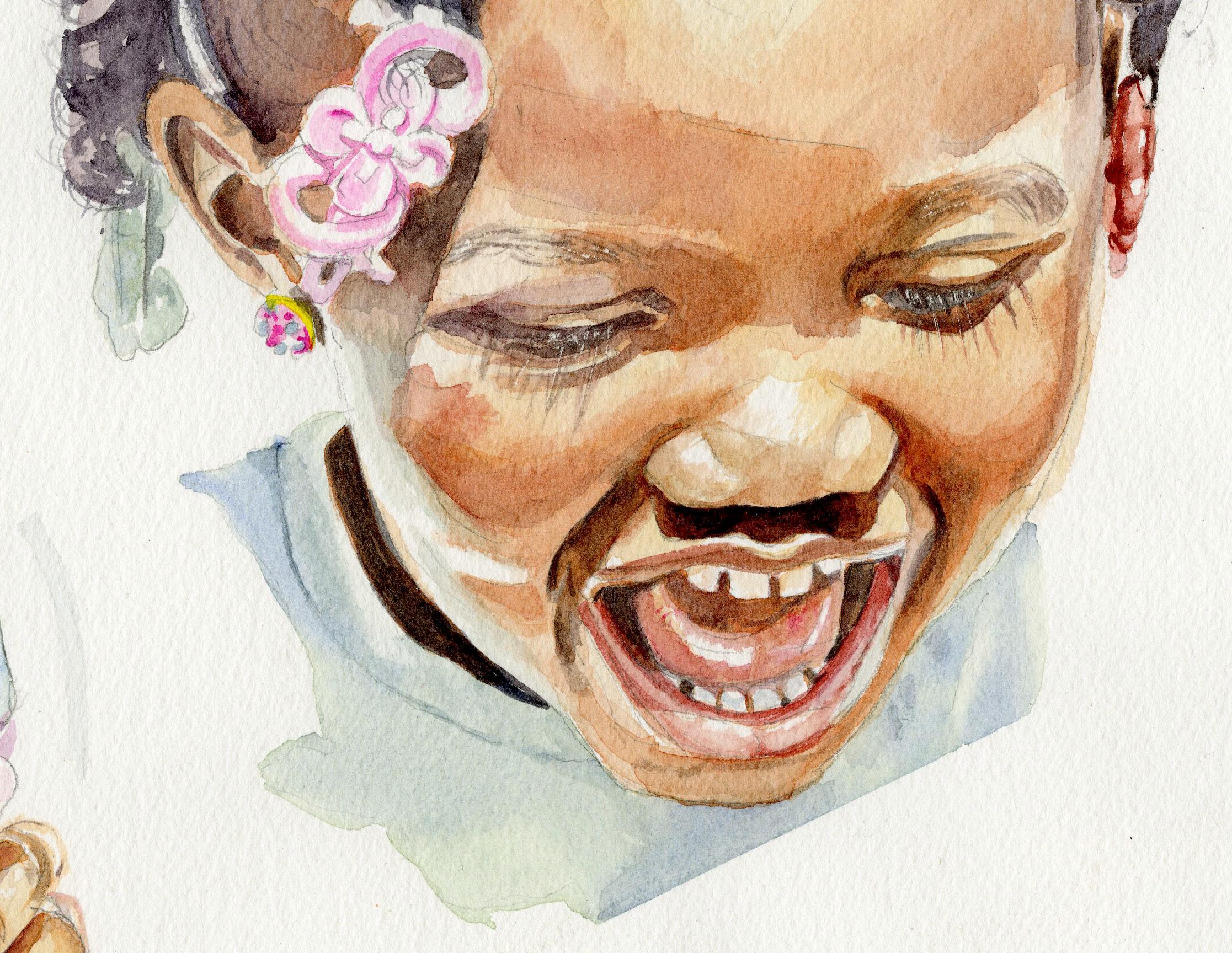 Momenti rubati, Attitude Shift #1    (Emily e la tazza Sippy sorridono) - Figurative Art Beige di Darius Steward