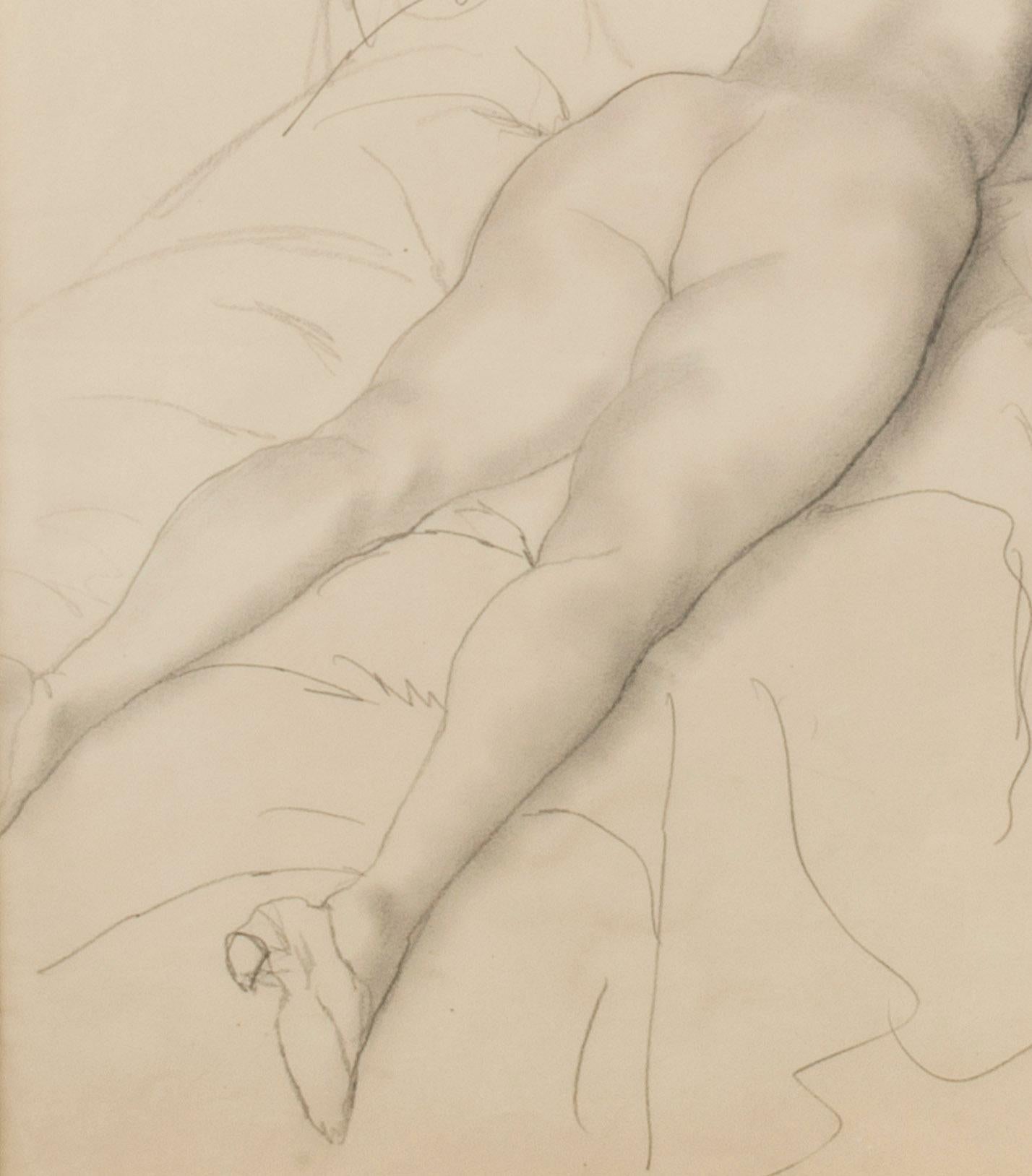 Reclining Female Nude - Beige Figurative Art by Emil Ganso