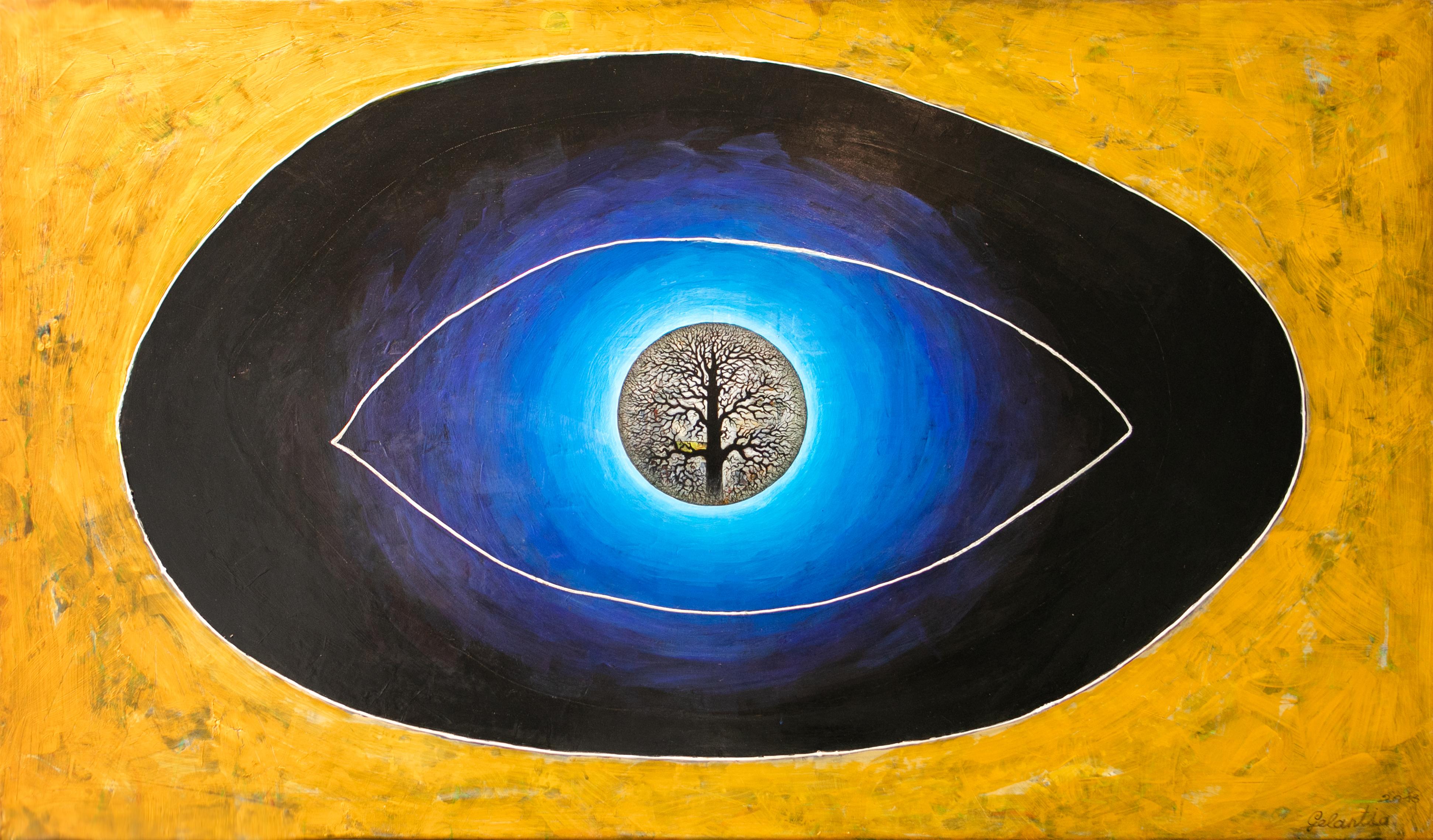 Gogi Gelantia Abstract Painting - Omnipresence - painting, contemporary, 21st century, eye, gold, blue, Georgian
