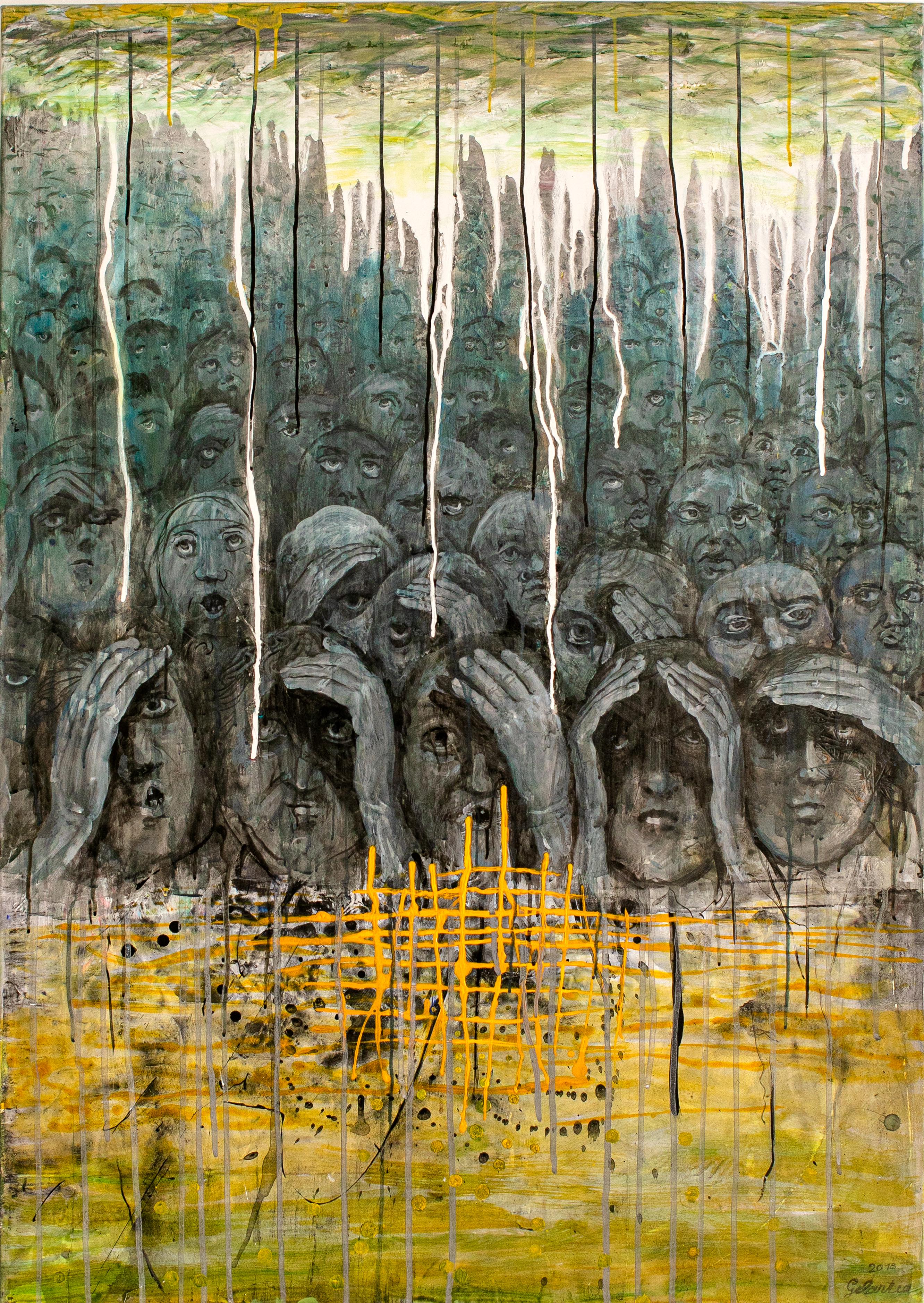Gogi Gelantia Figurative Painting - Herder - Painting, Acrylic, 21st Century, Political, Dark, Yellow, Faces