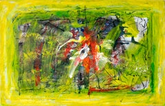 Abstraction - painting, 21st century, abstract, bright, yellow, red, acrylic