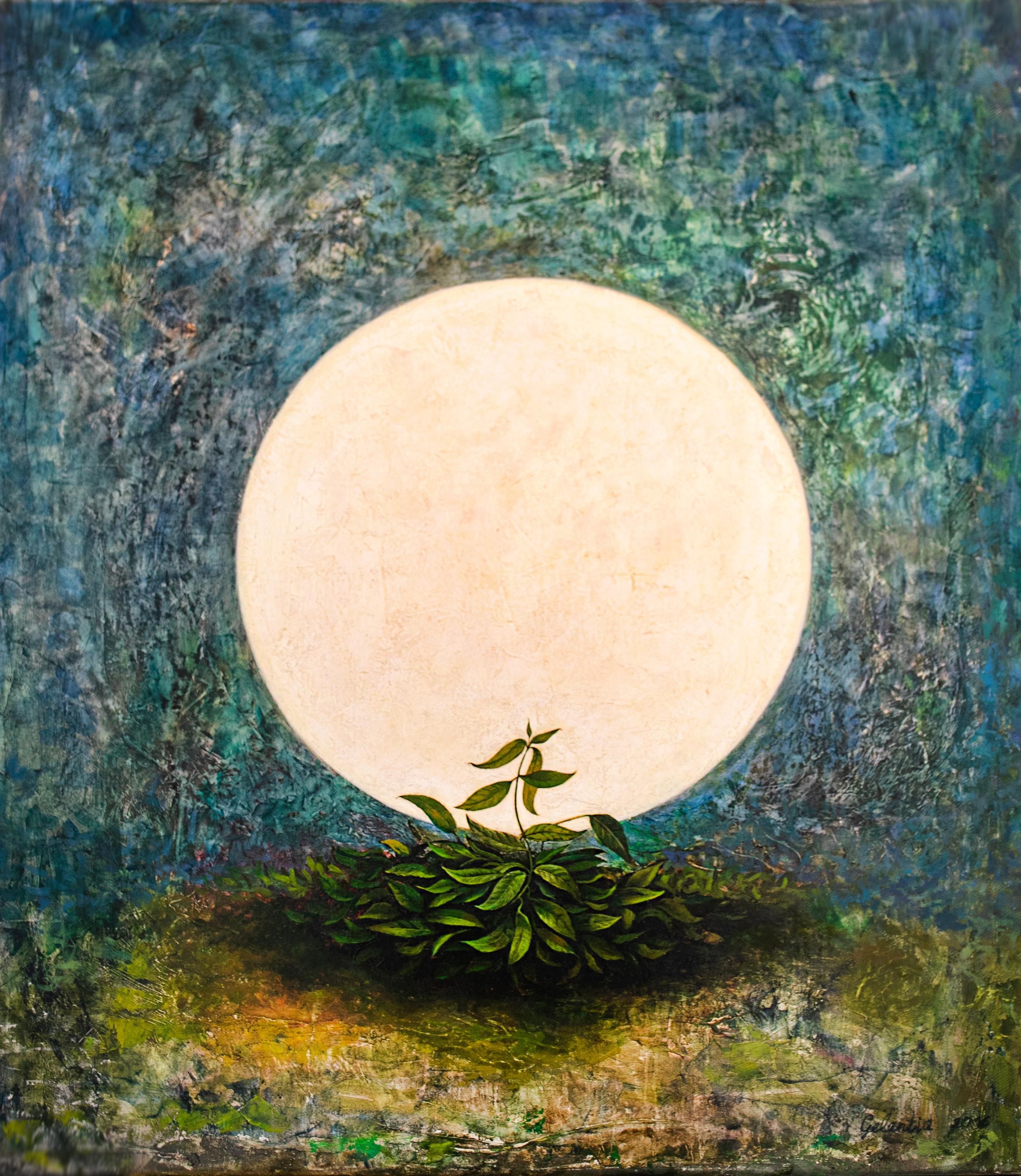 Gogi Gelantia Figurative Painting - Moon - painting, acrylic, canvas, celestial, blue, plant, 21st century, Georgian