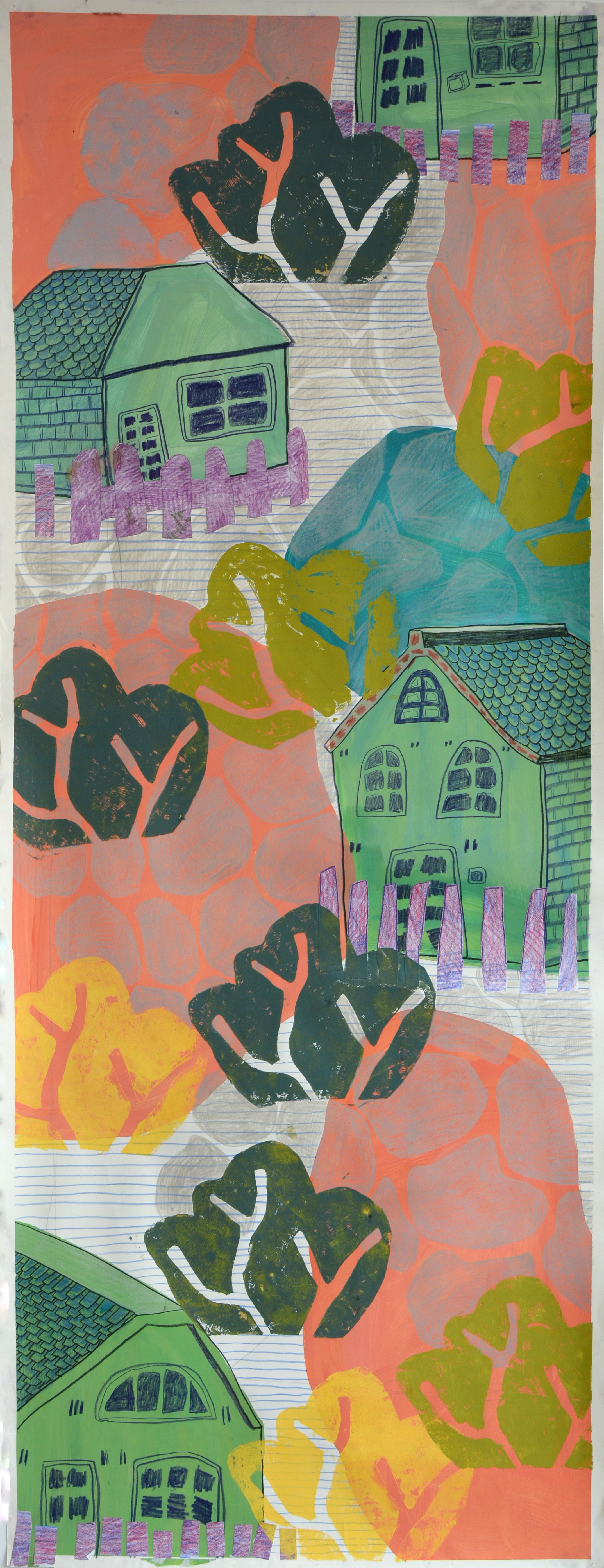 Green House - lino print, paint, colourful, nature, green, pink, illustration - Mixed Media Art by Dayeon Auh