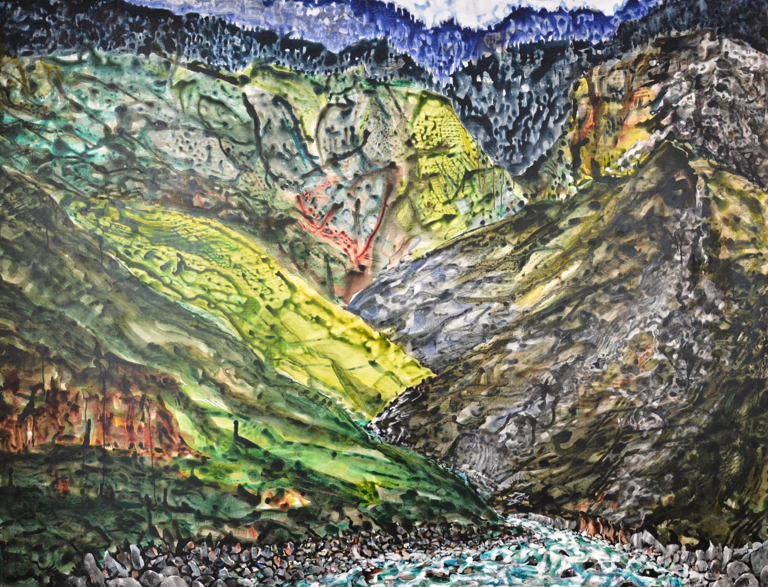 Gogi Gelantia Landscape Painting - Mountain River - Abstract, Landscape, 21st Century, Painting, Green, Acrylic