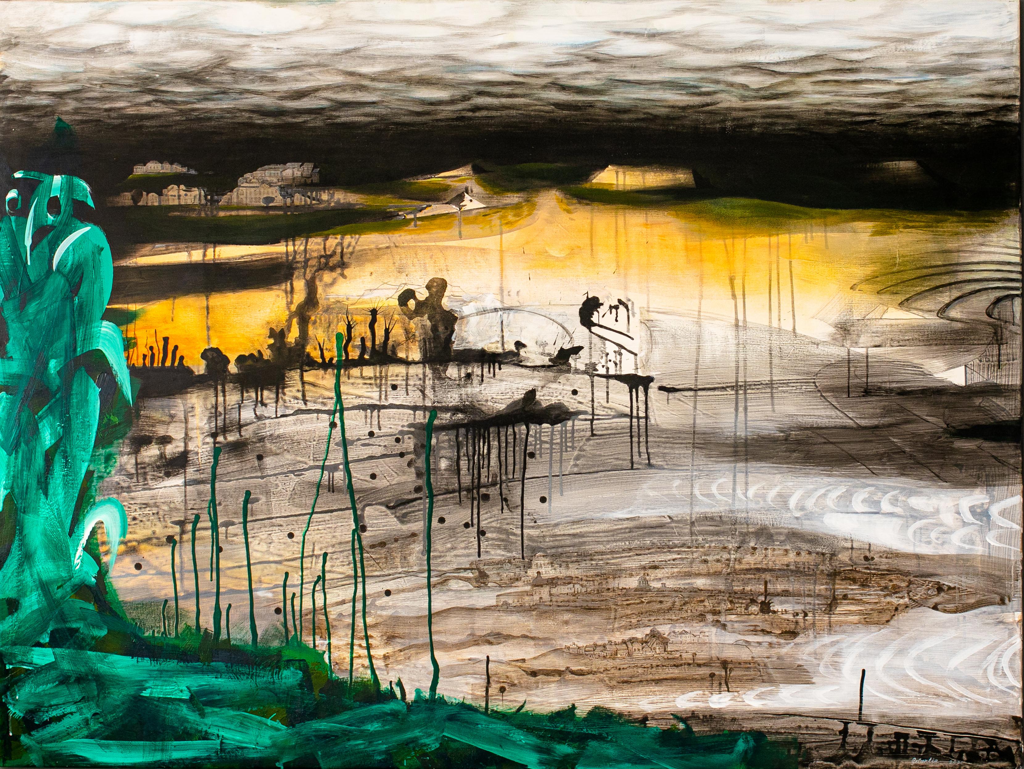 Gogi Gelantia Landscape Painting - Dusk - Abstract, Painting, 21st Century, Acrylic, Landscape, Dark, Yellow