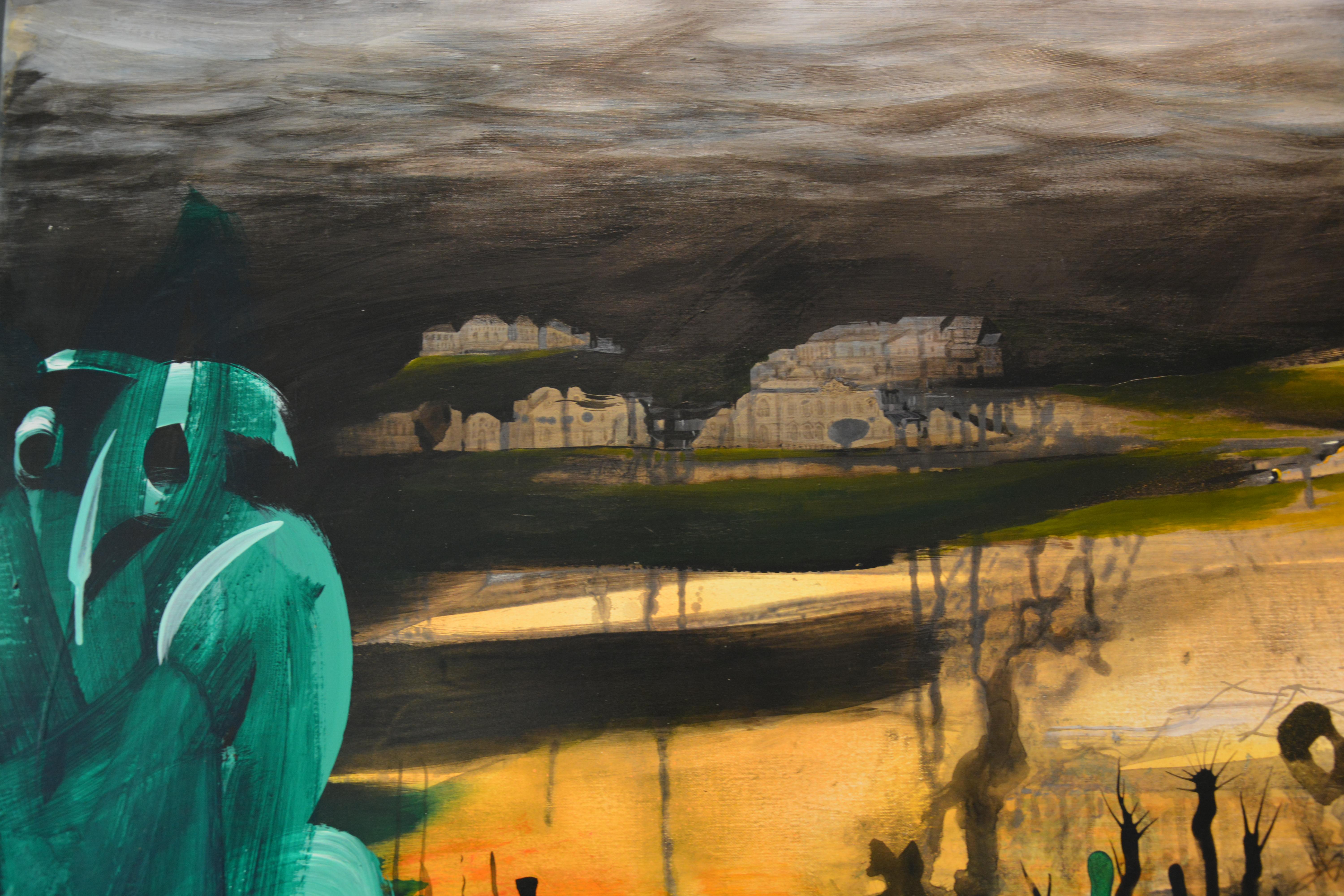 Dusk - Abstract, Painting, 21st Century, Acrylic, Landscape, Dark, Yellow - Beige Landscape Painting by Gogi Gelantia
