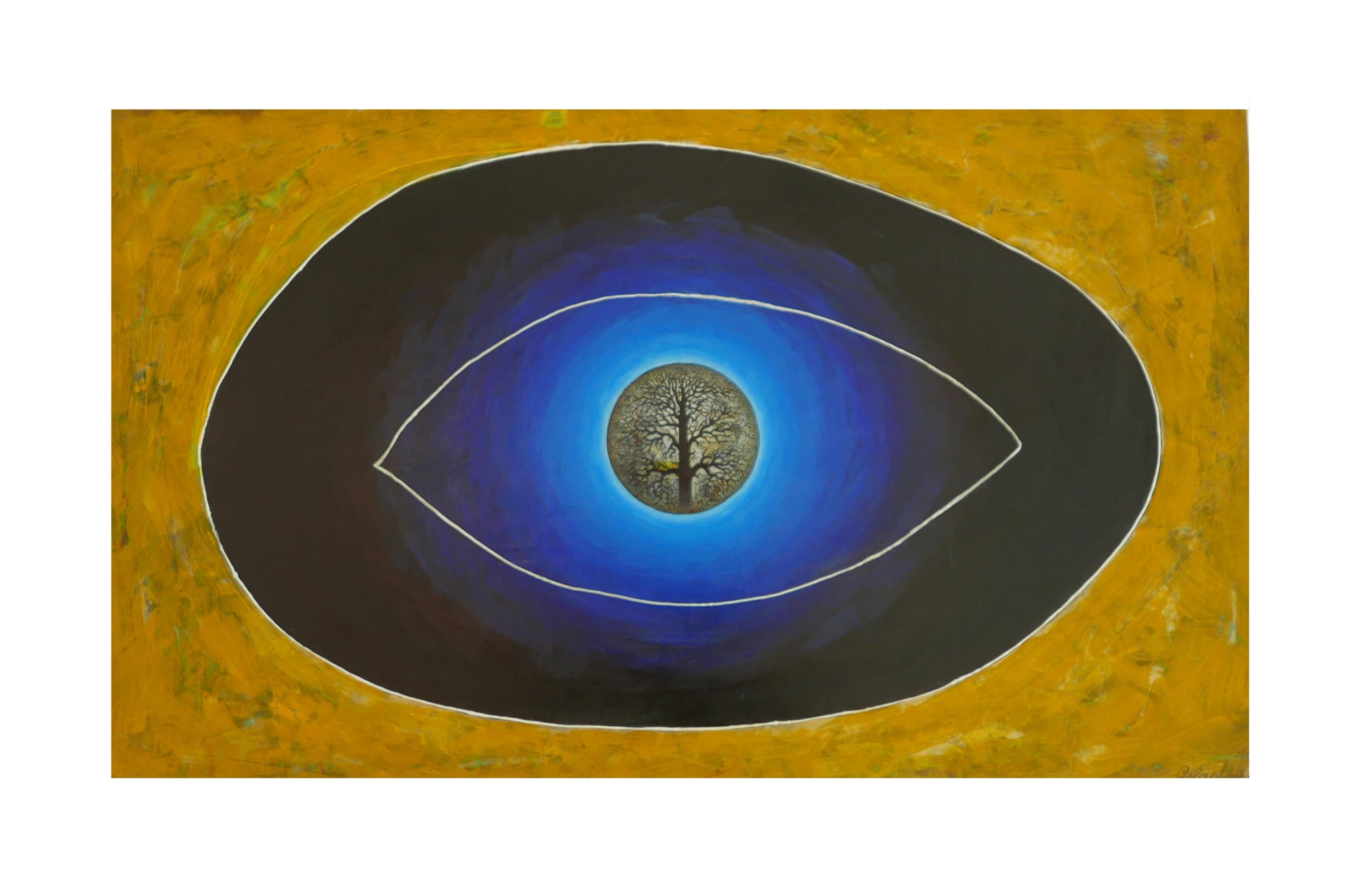 Omnipresence - painting, contemporary, 21st century, eye, gold, blue, Georgian - Painting by Gogi Gelantia