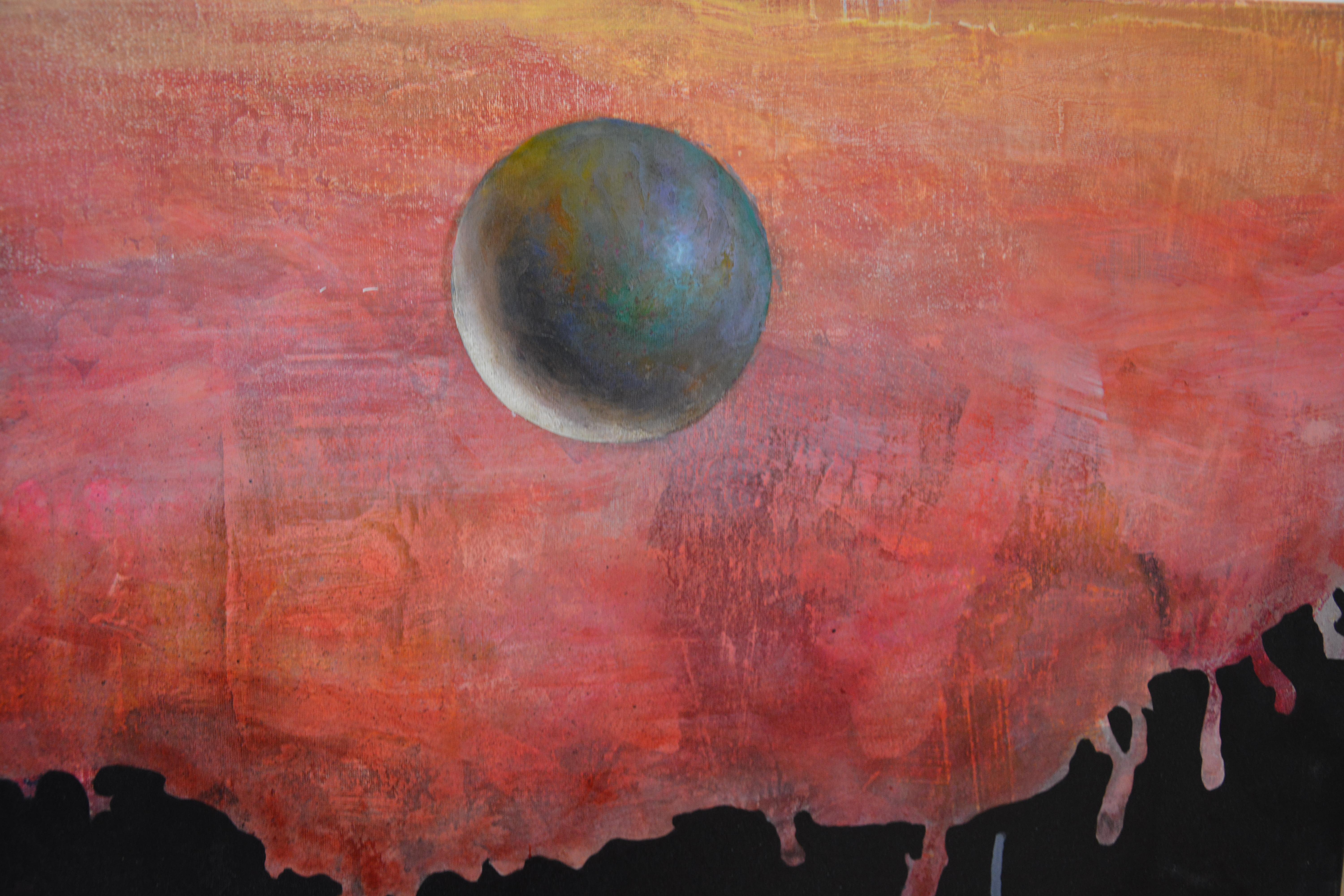 Creation - 21st Century, Abstract, Space, Blue, Red, Sphere, Drip, Georgian - Painting by Gogi Gelantia