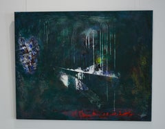 Obscure - Abstraction, Dark, Acrylic, Painting, 21st Century, Drip, Green, White