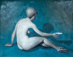 Bowl of Secrets - painting, acrylic, canvas, 21st century, blue, nude, grey
