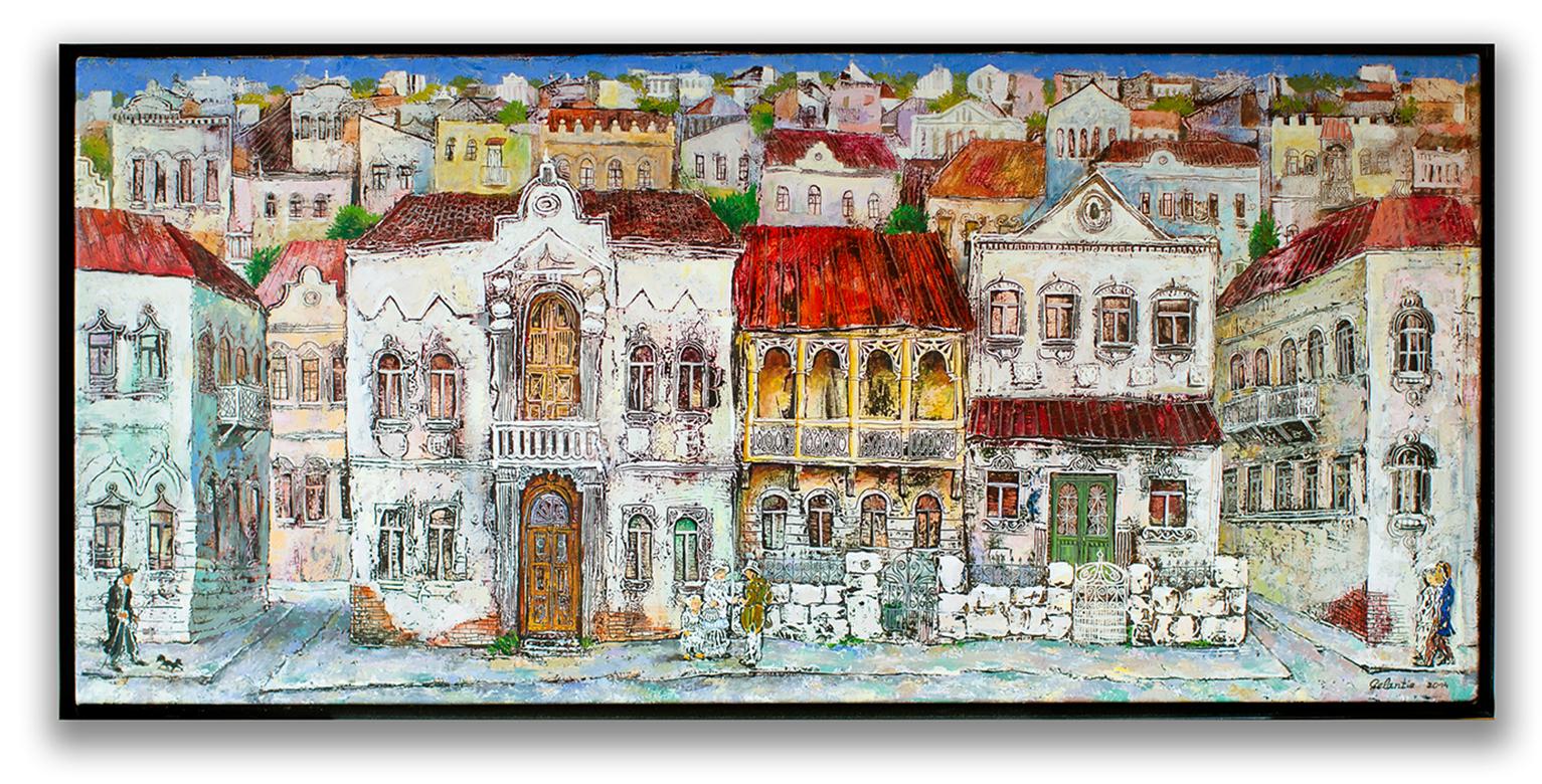 Gogi Gelantia Figurative Painting - The Old Town - painting, mixed media, canvas, cityscape, 21st century, Georgian 